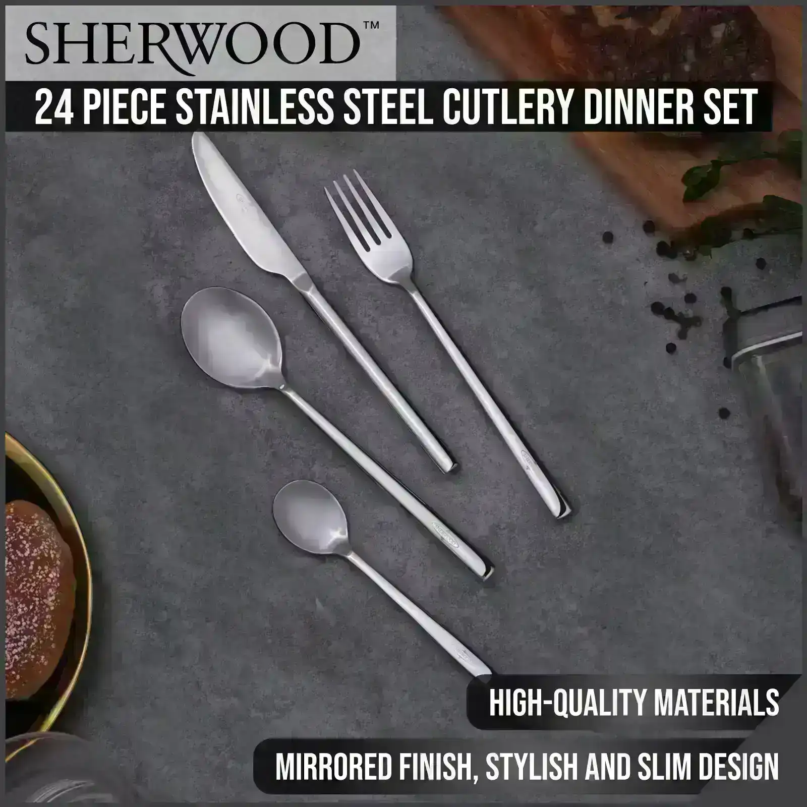 Sherwood Home 24 Piece Stainless Steel Cutlery Dinner Set - Knife/Fork/Spoon