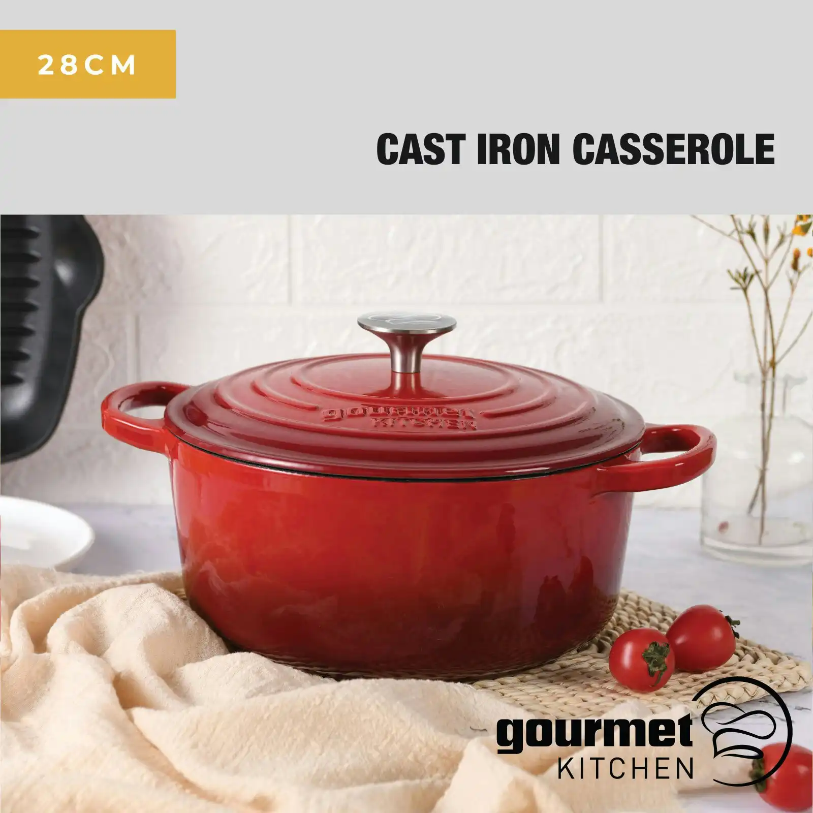 Gourmet Kitchen Cast Iron Casserole 28 cm Black Cherry Red
