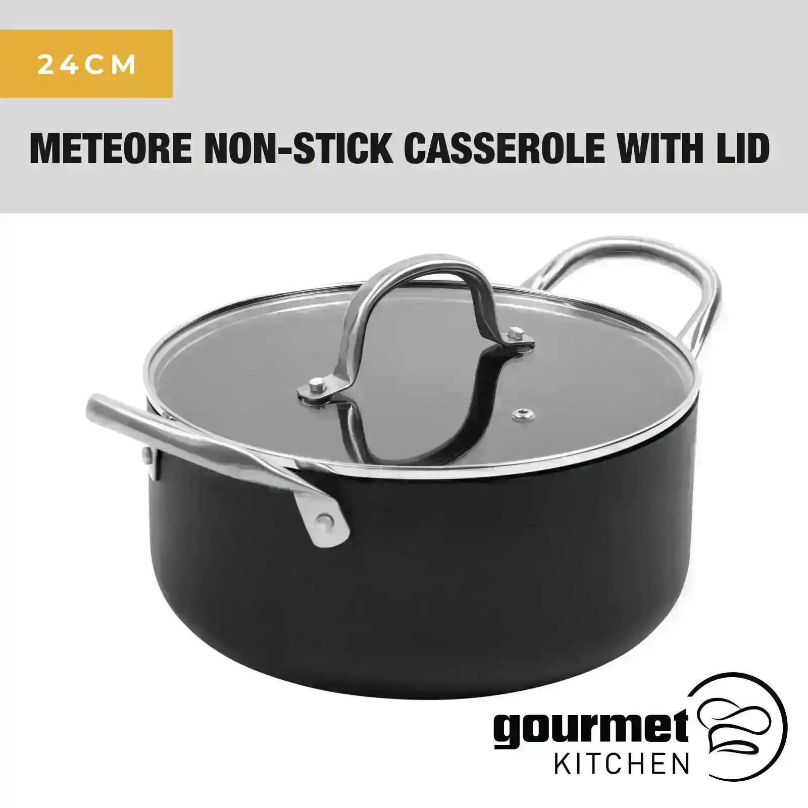Gourmet Kitchen Meteore Non-Stick Casserole with Flat Lid 24cm
