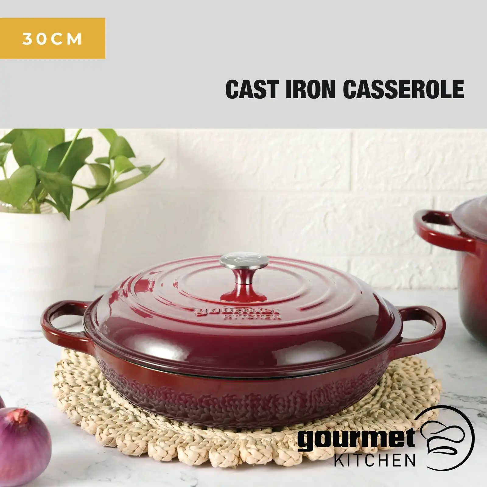 Gourmet Kitchen Cast Iron Shallow Casserole 30cm Black Cherry Red