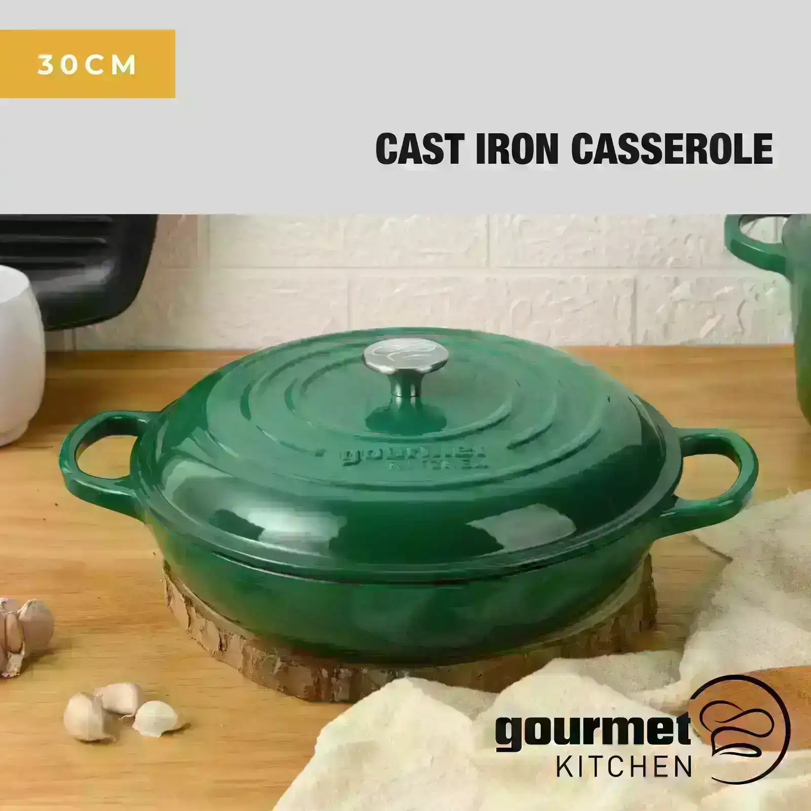 Gourmet Kitchen Cast Iron Shallow Casserole 30cm Eden Green