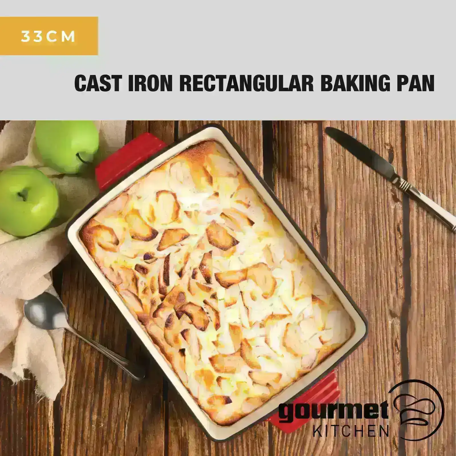 Gourmet Kitchen Cast Iron Rectangular Baking Pan 33cm Black Cherry Red