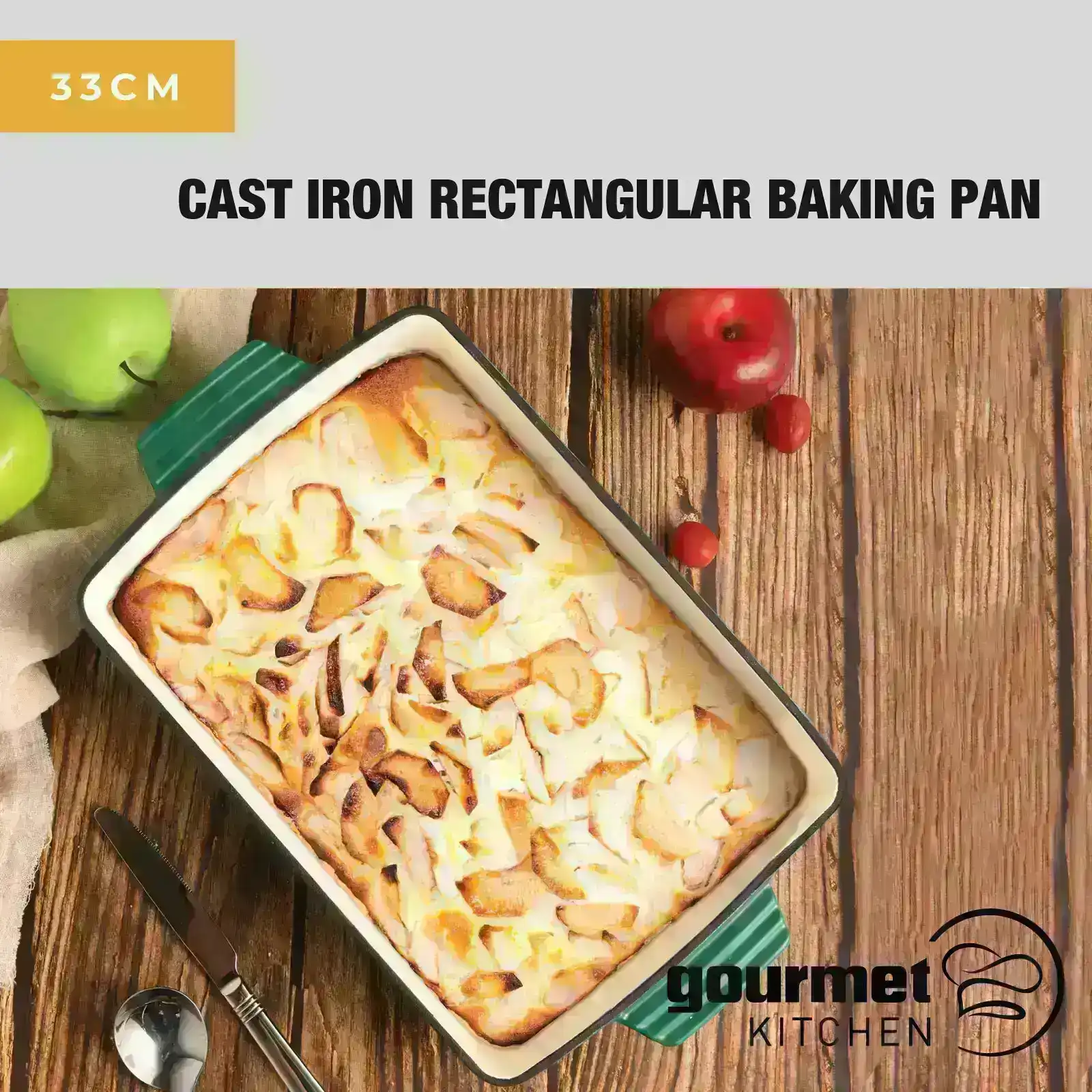Gourmet Kitchen Cast Iron Rectangular Baking Pan 33cm Eden Green