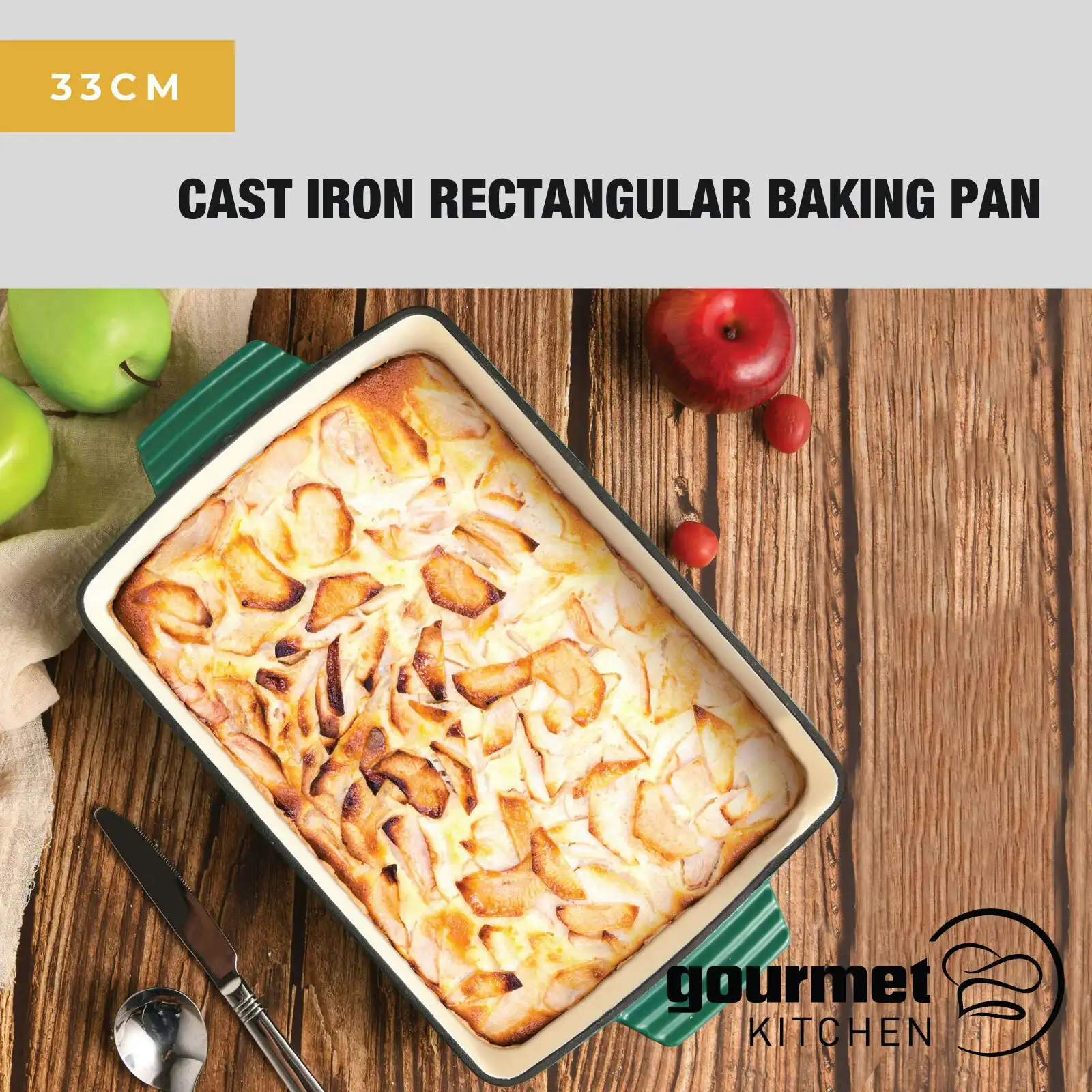Gourmet Kitchen Cast Iron Rectangular Baking Pan 33cm Eden Green