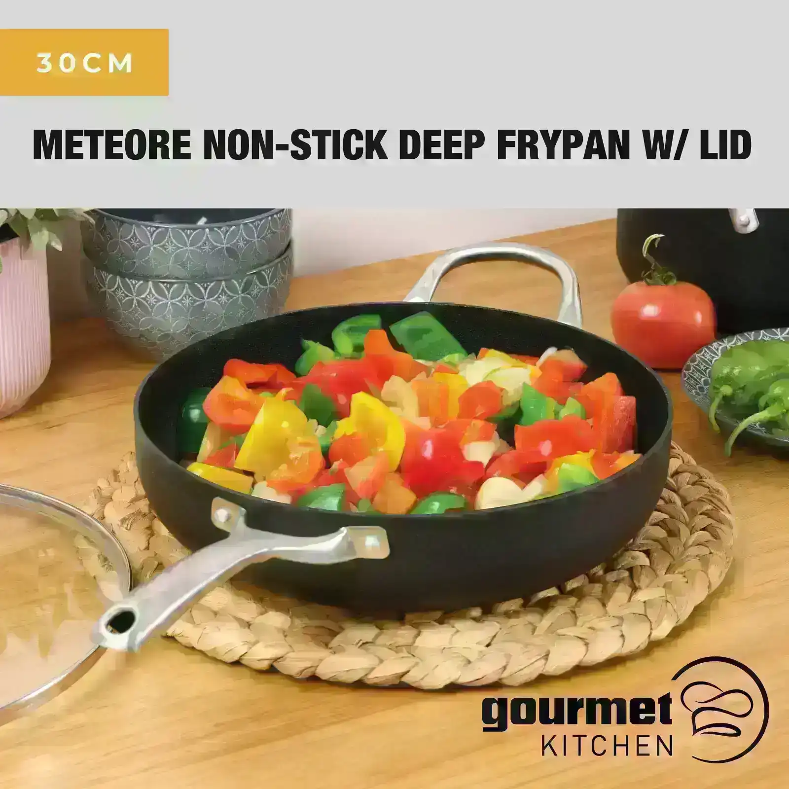 Gourmet Kitchen Meteore Non-Stick Deep Frypan with Flat Lid and Helper 30cm