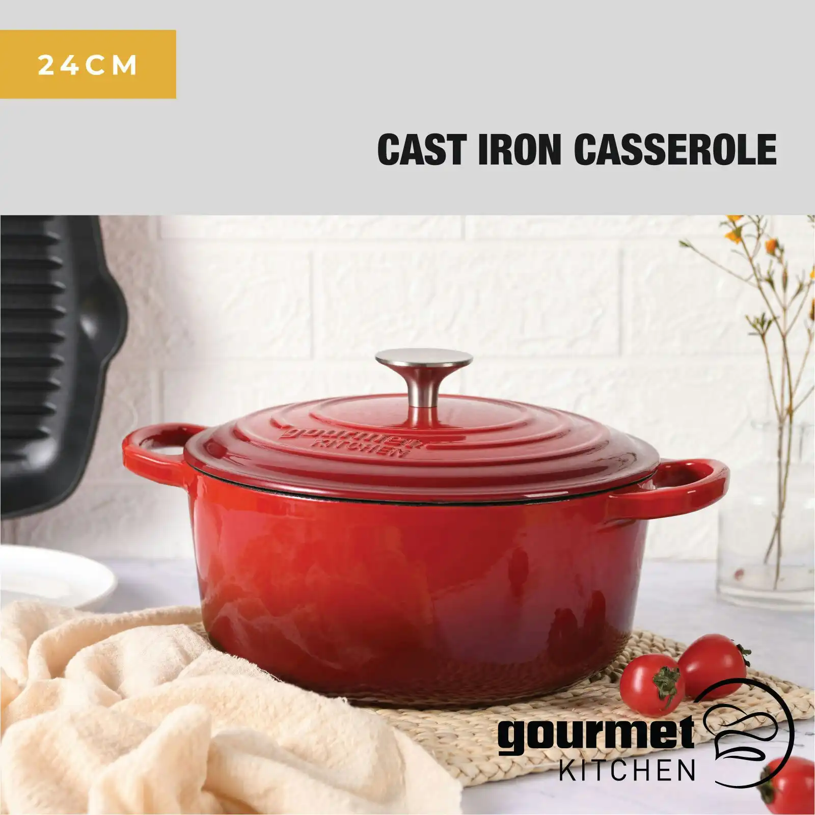 Gourmet Kitchen Cast Iron Casserole 24cm Black Cherry Red