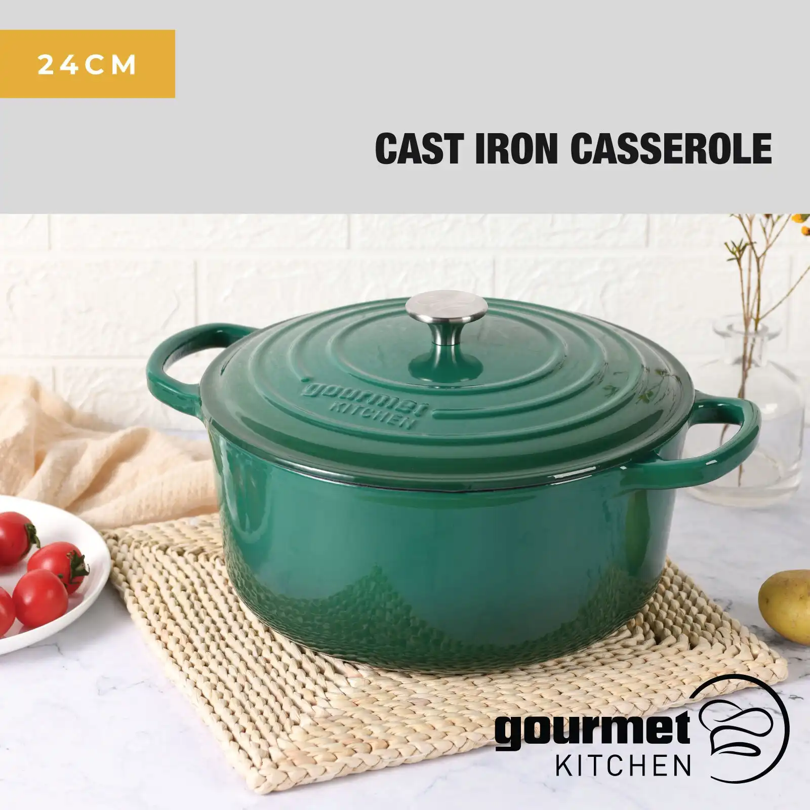 Gourmet Kitchen Cast Iron Casserole 24cm Eden Green