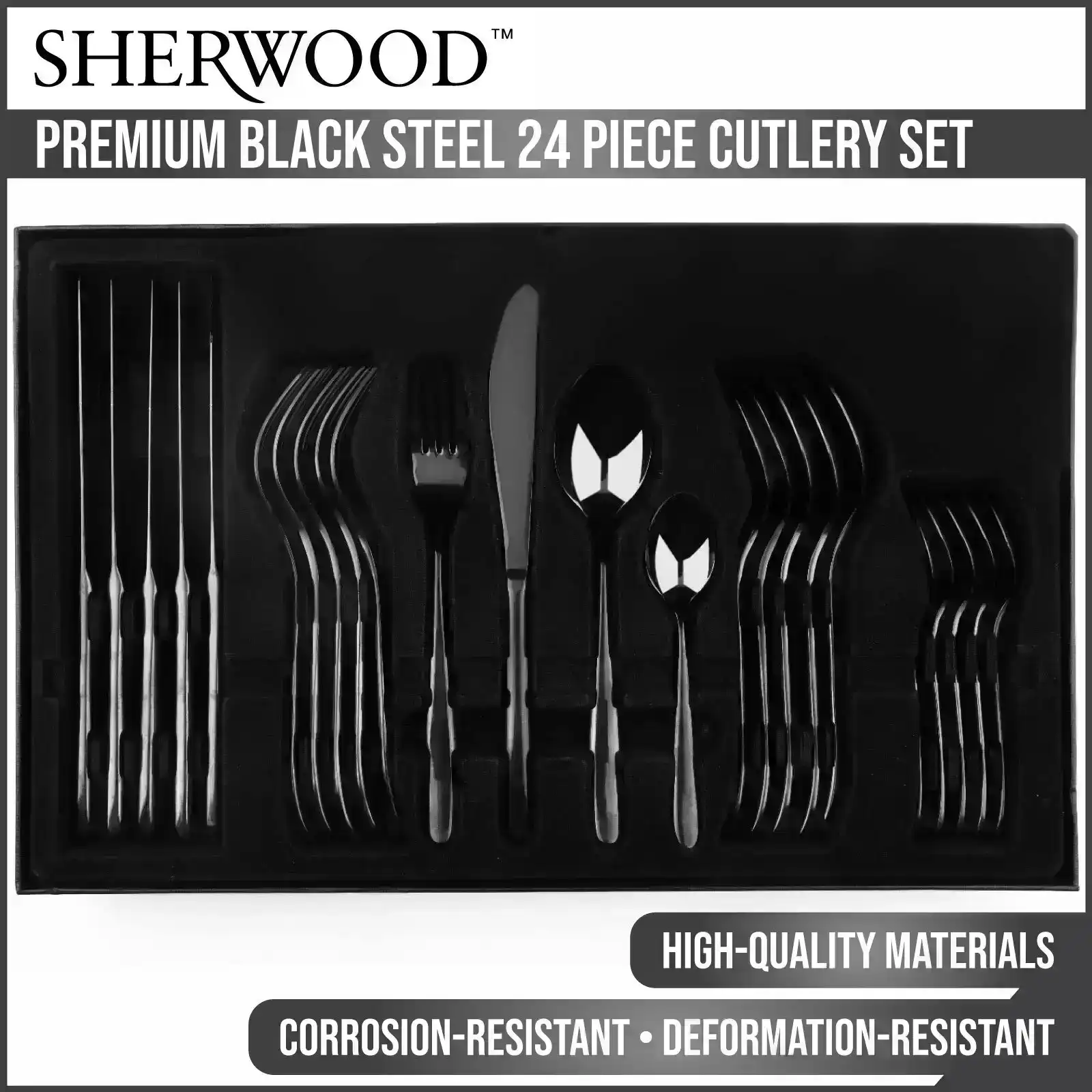 Sherwood Home Premium Black Steel 24 Piece Cutlery Set - Knife/Fork/Spoon