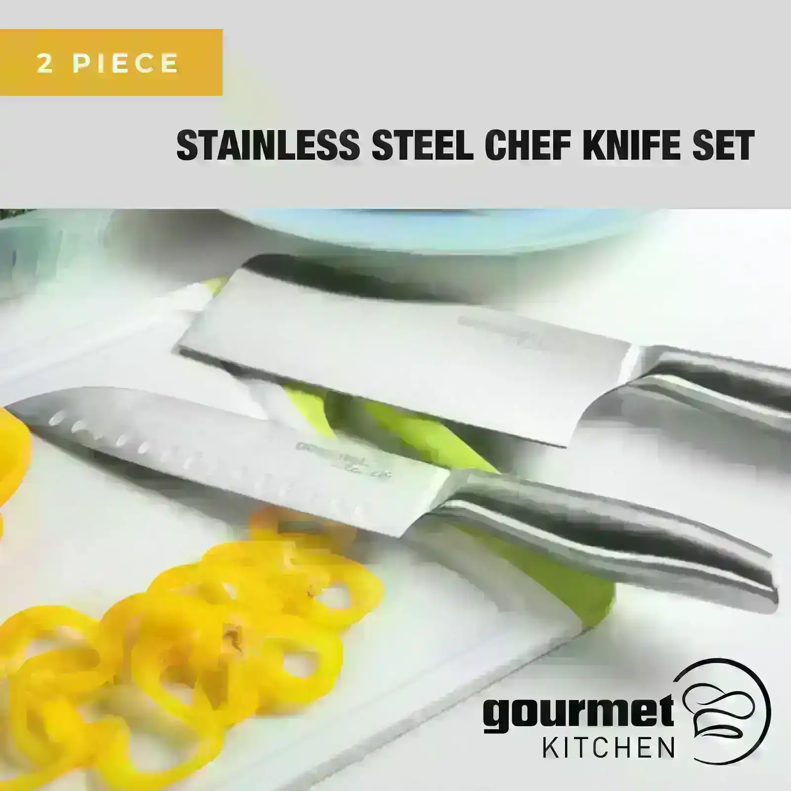 Gourmet Kitchen 2 Piece Stainless Steel Chef Knife Set - Santoku & Clever - Silver