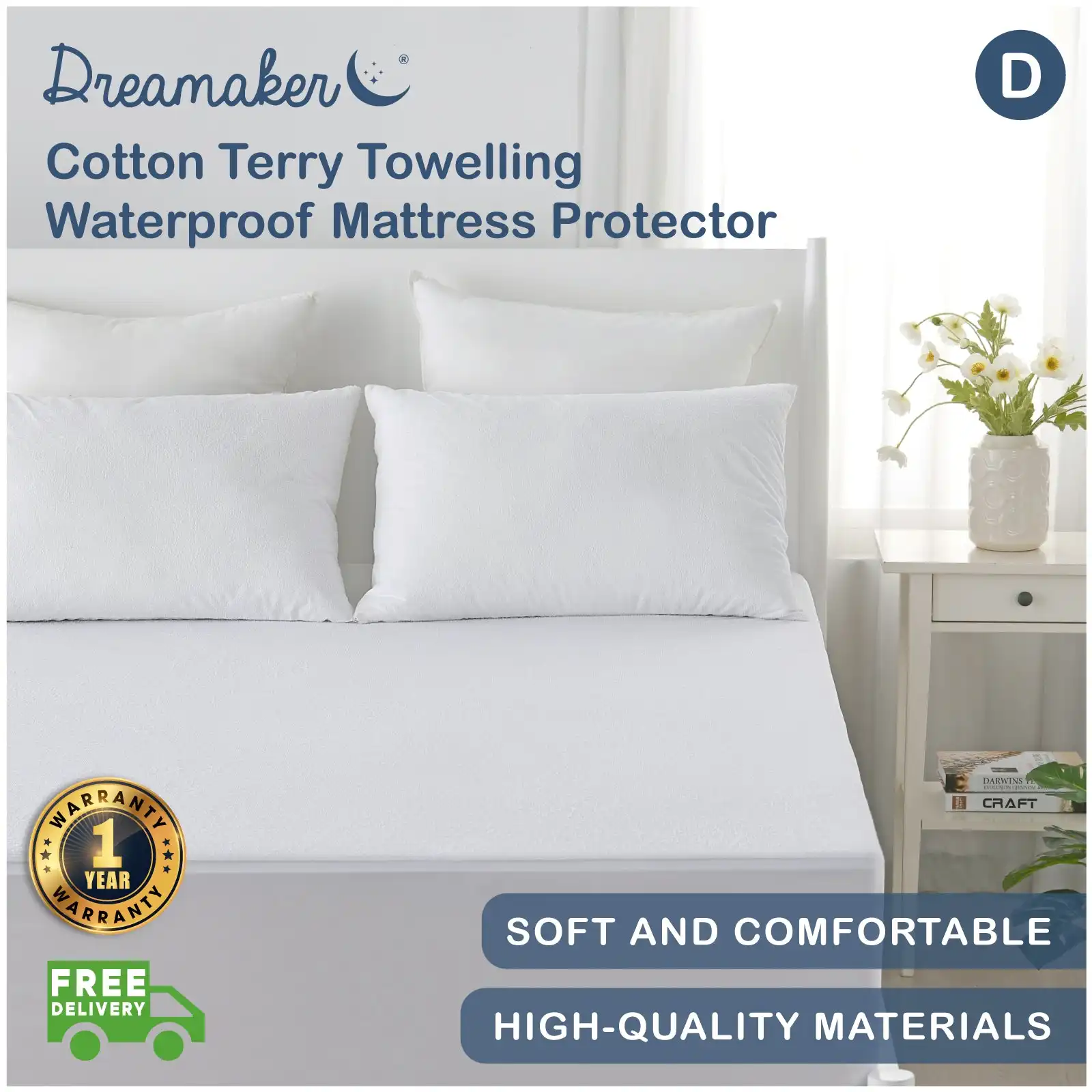 Dreamaker Cotton Terry Towelling Waterproof Mattress Protector - Double Bed