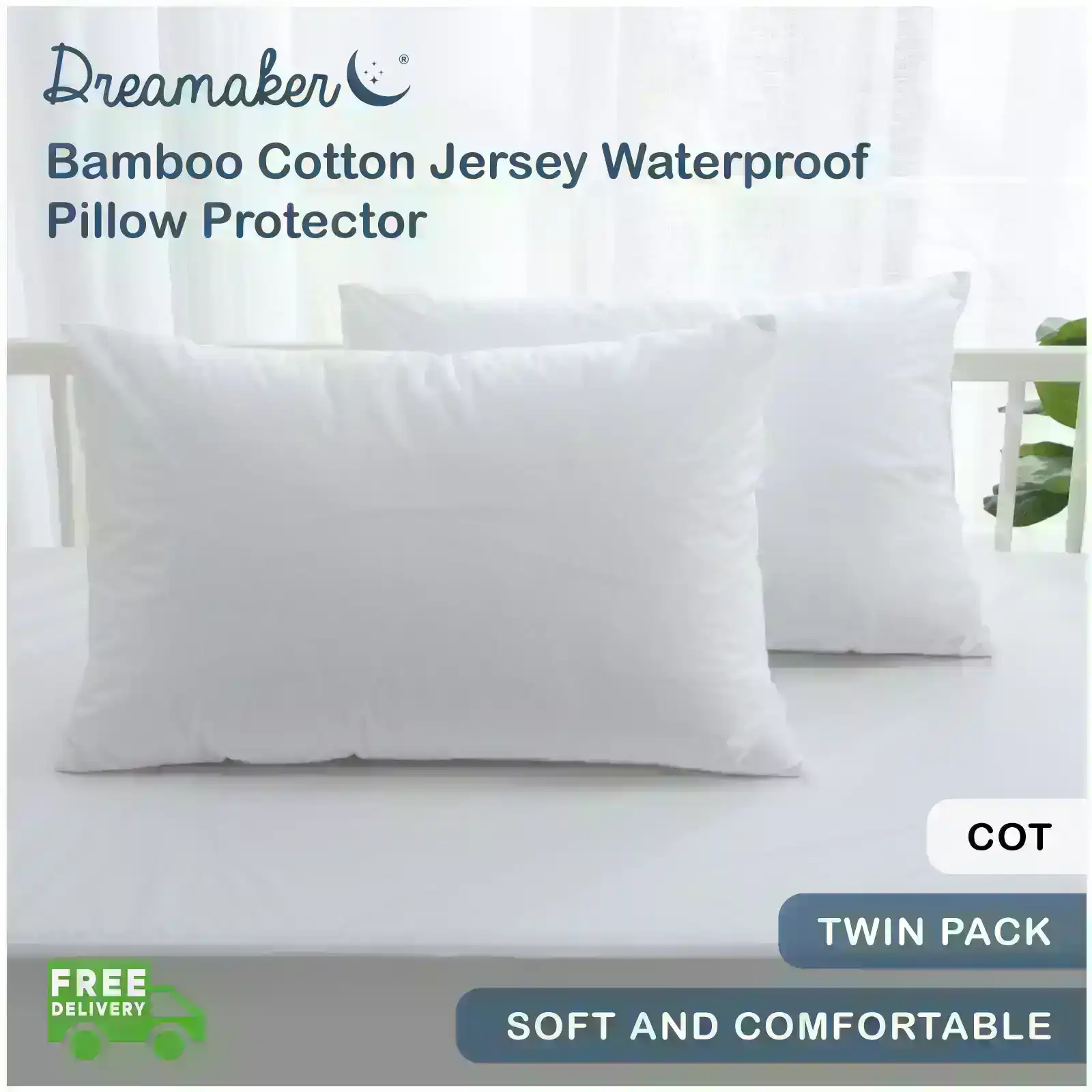 Dreamaker Bamboo Cotton Jersey Cot Waterproof Pillow Protector White 2 Pack