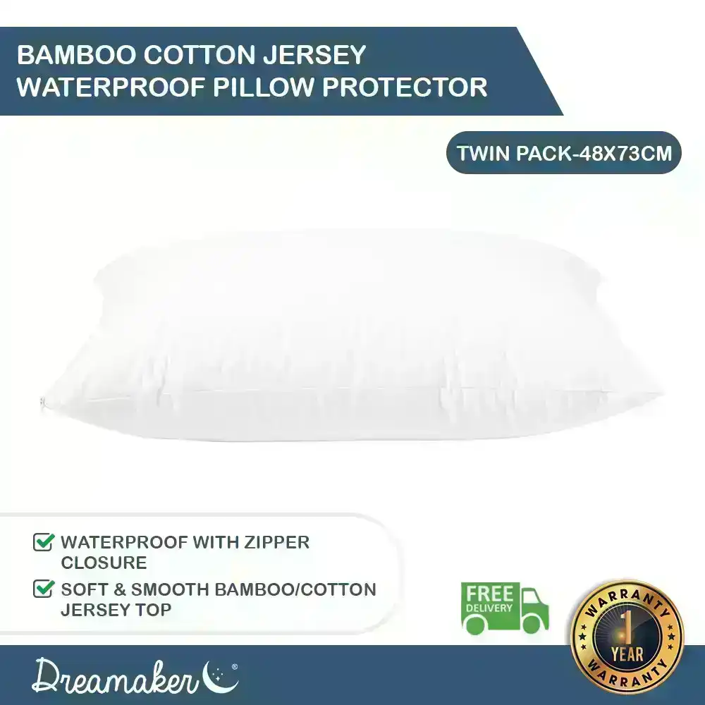 Dreamaker Bamboo Cotton Jersey Waterproof Pillow Protector - Standard 48x73cm (2 Pack)