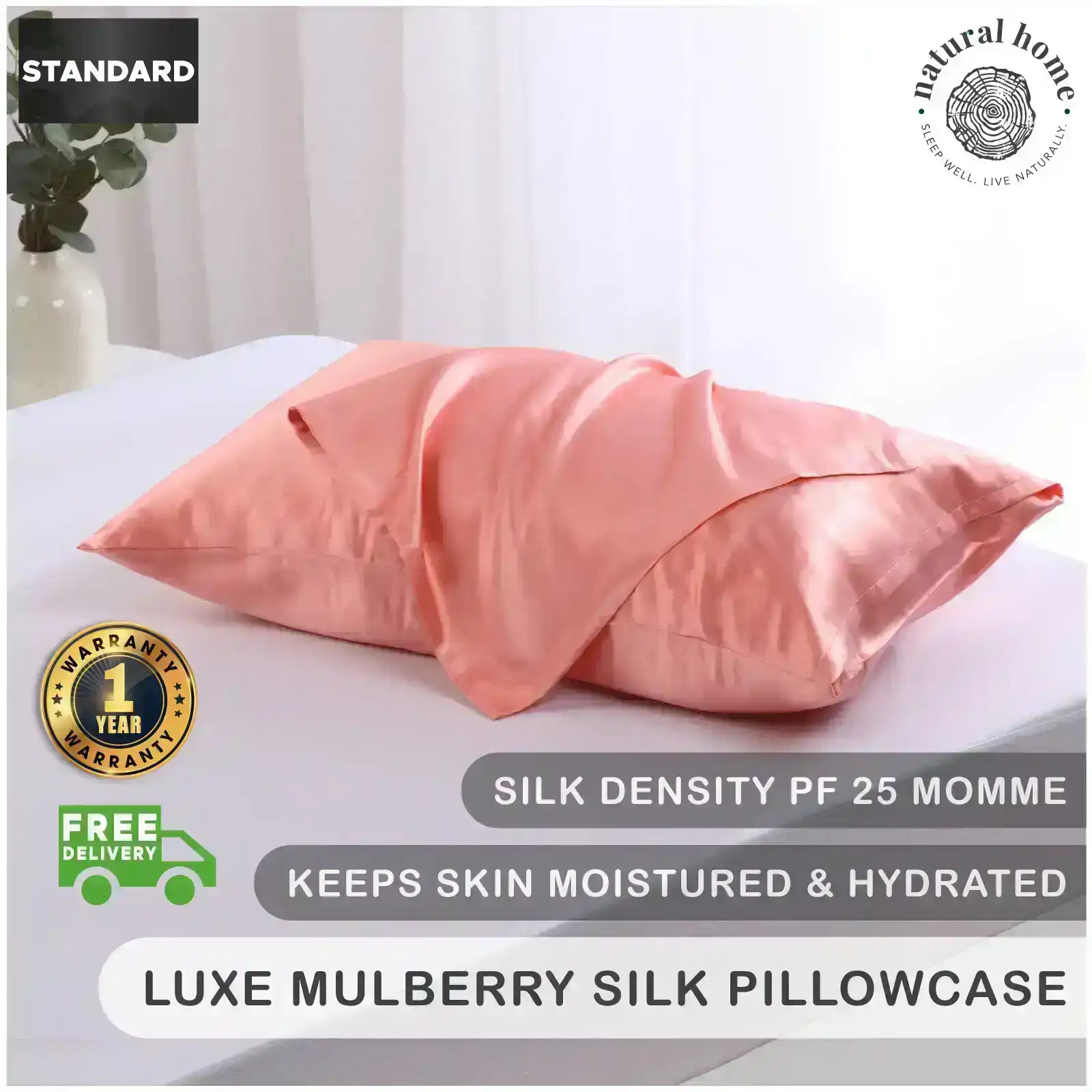 Natural Home Luxe Mulberry Silk Pillowcase 25 Momme Standard Pillowcase 48 x 73cm - Blush