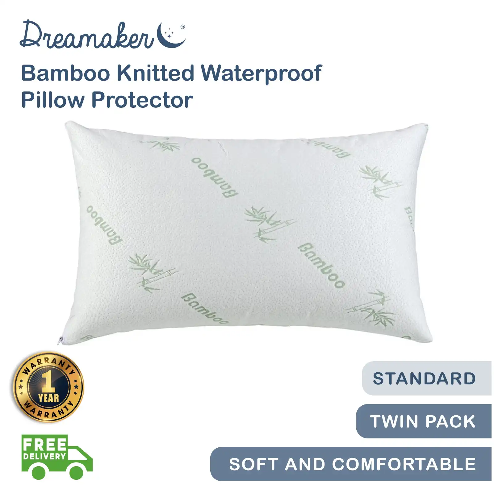 Dreamaker Bamboo Knitted Waterproof Pillow Protector Standard 48x73cm (2 Pack)