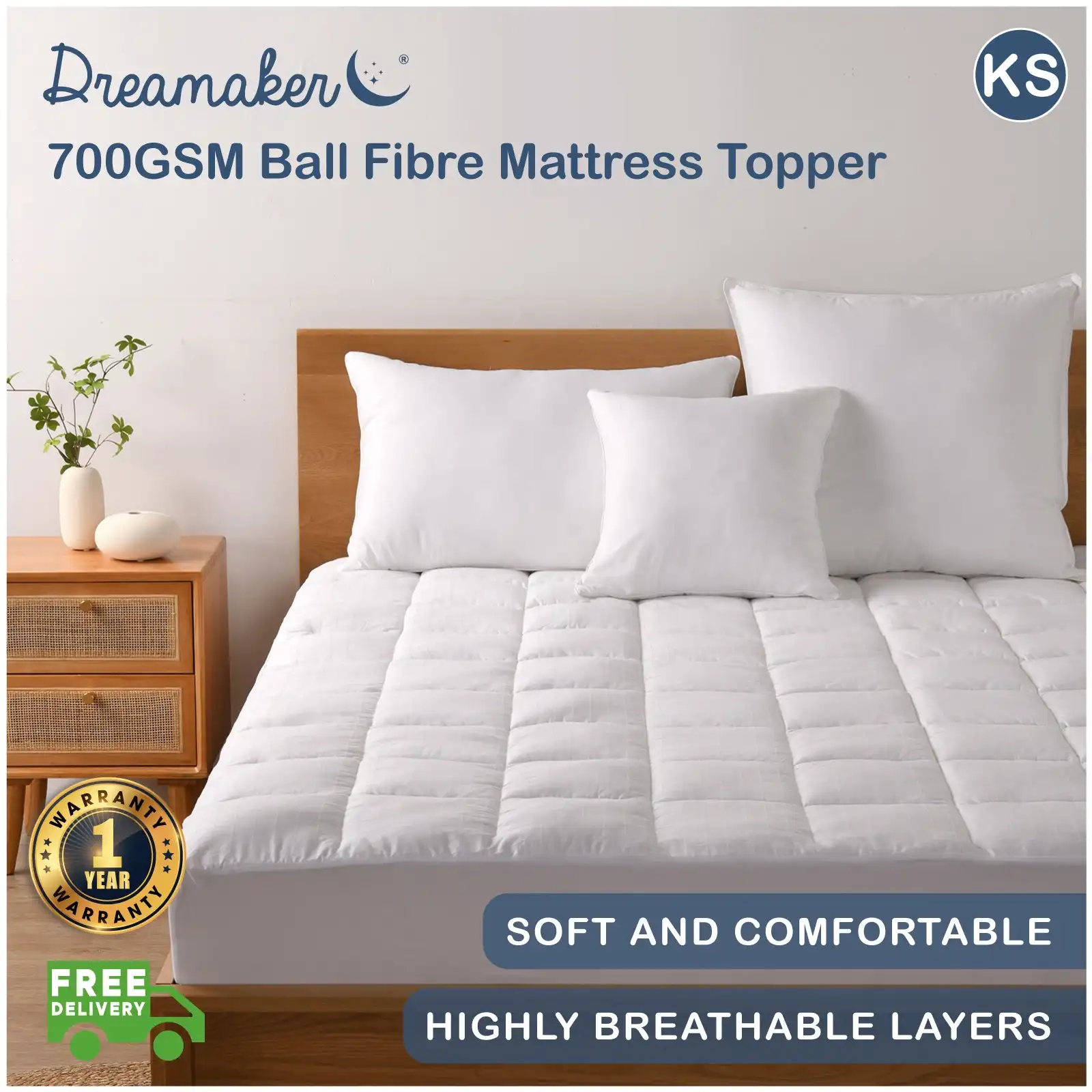 Dreamaker 700GSM Ball Fibre Mattress Topper - King Single Bed