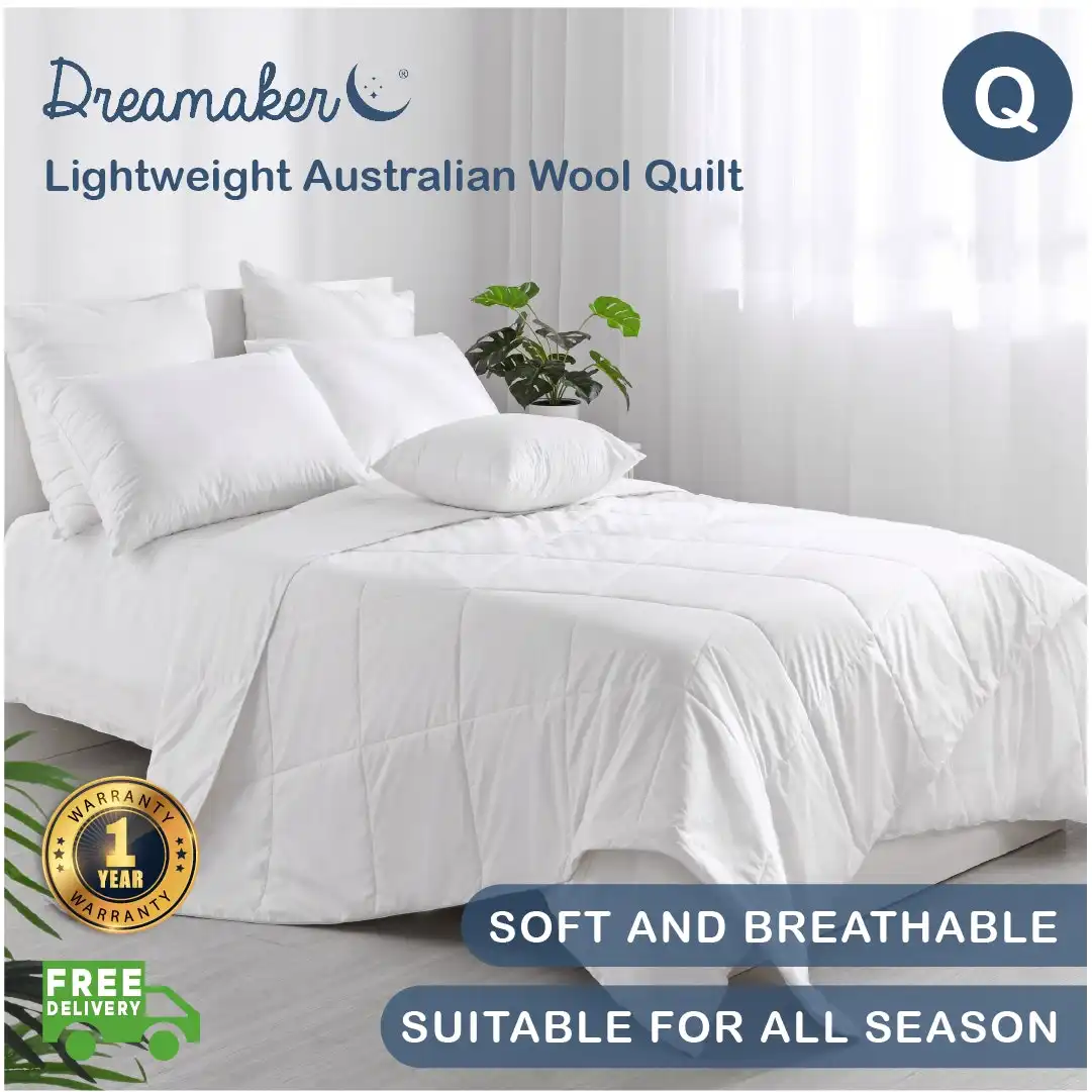 Dreamaker 250GSM Lightweight Australian Wool Quilt Queen Bed White