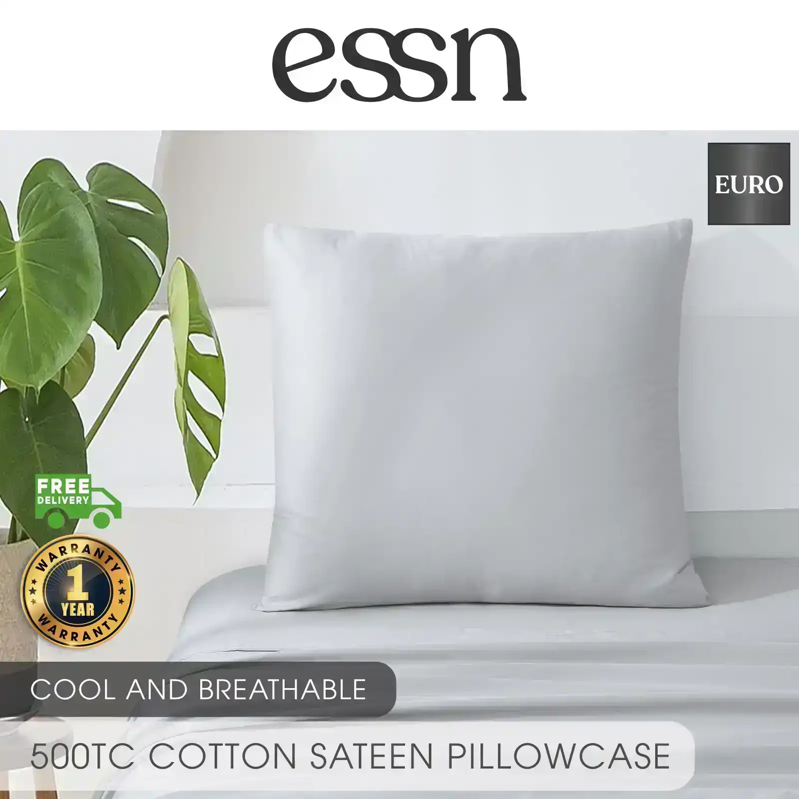 ESSN 500TC Cotton Sateen Euro Pillowcase Silver