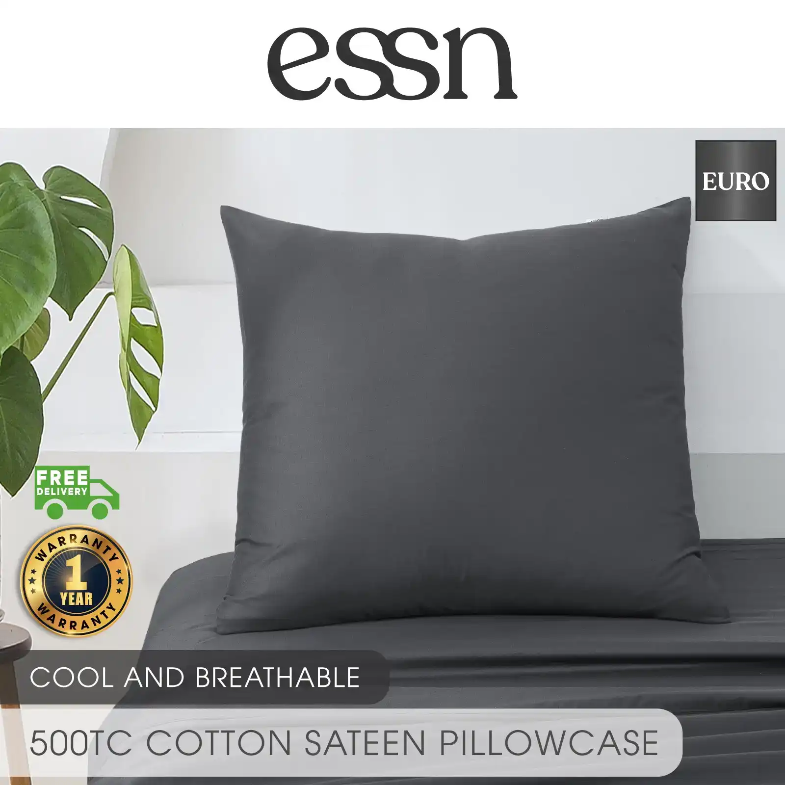 ESSN 500TC Cotton Sateen Euro Pillowcase Charcoal