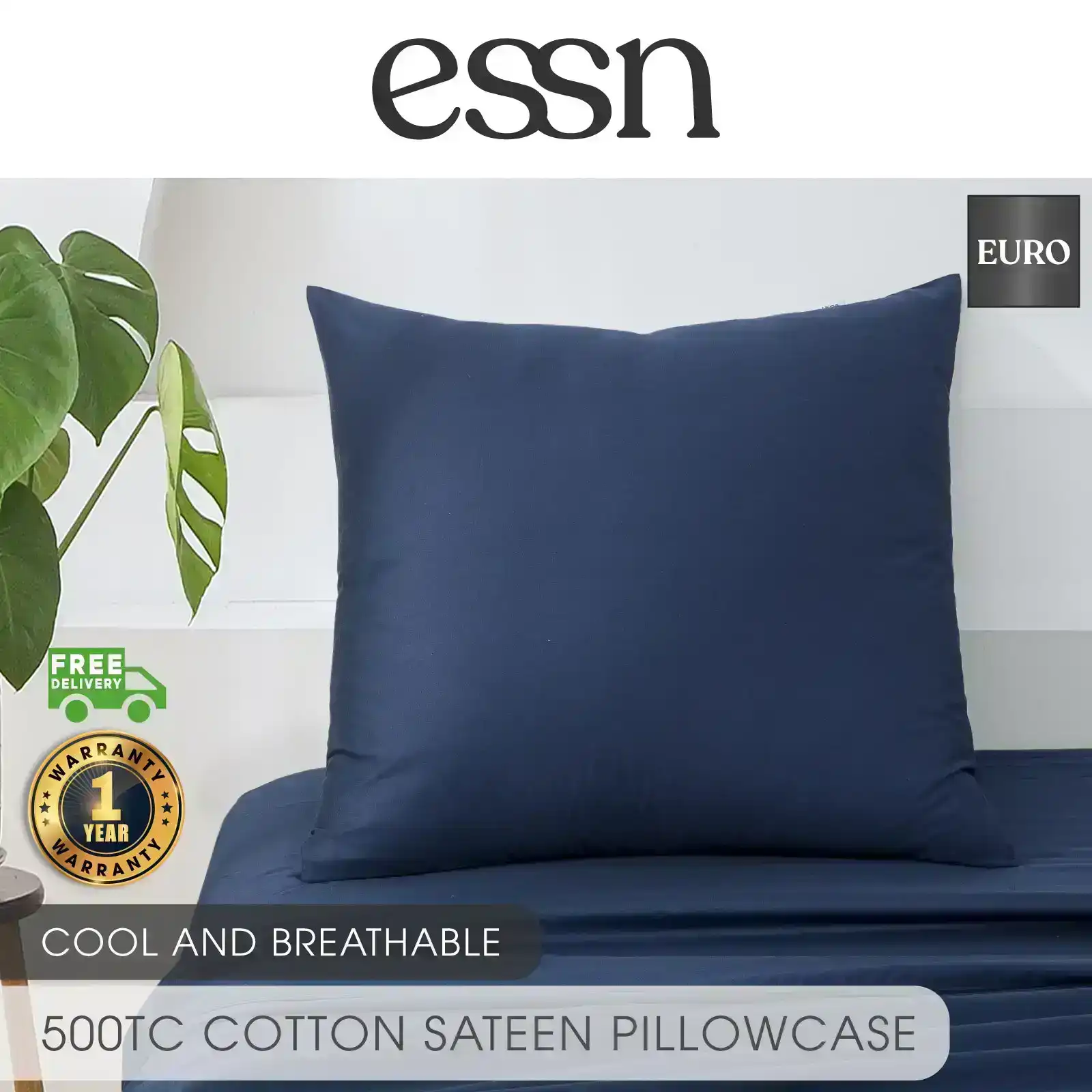 ESSN 500TC Cotton Sateen Euro Pillowcase Navy