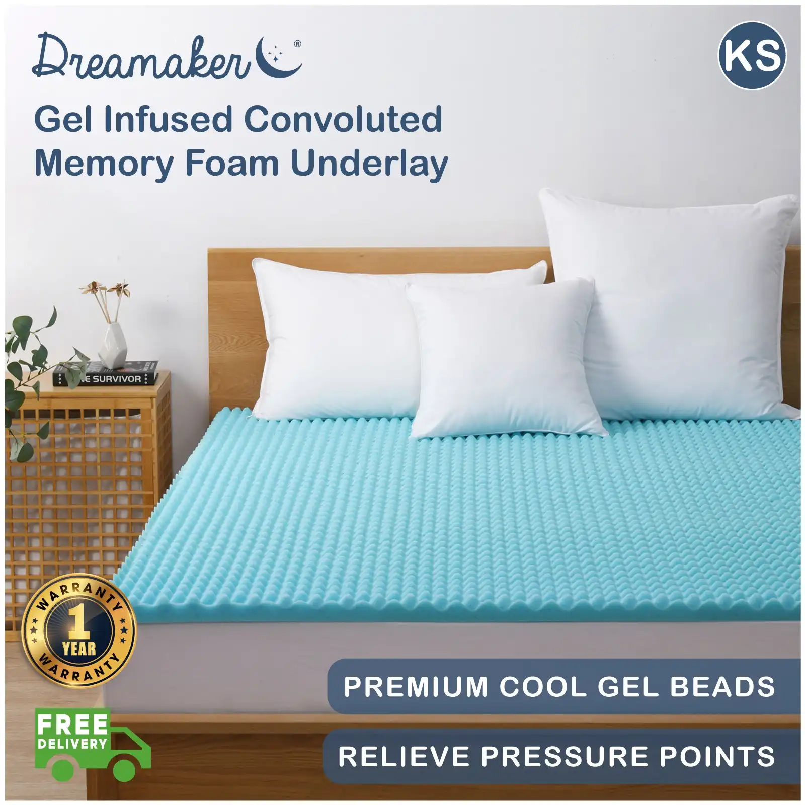 Dreamaker Gel Infused Convoluted Memory Foam Underlay - King Single Bed