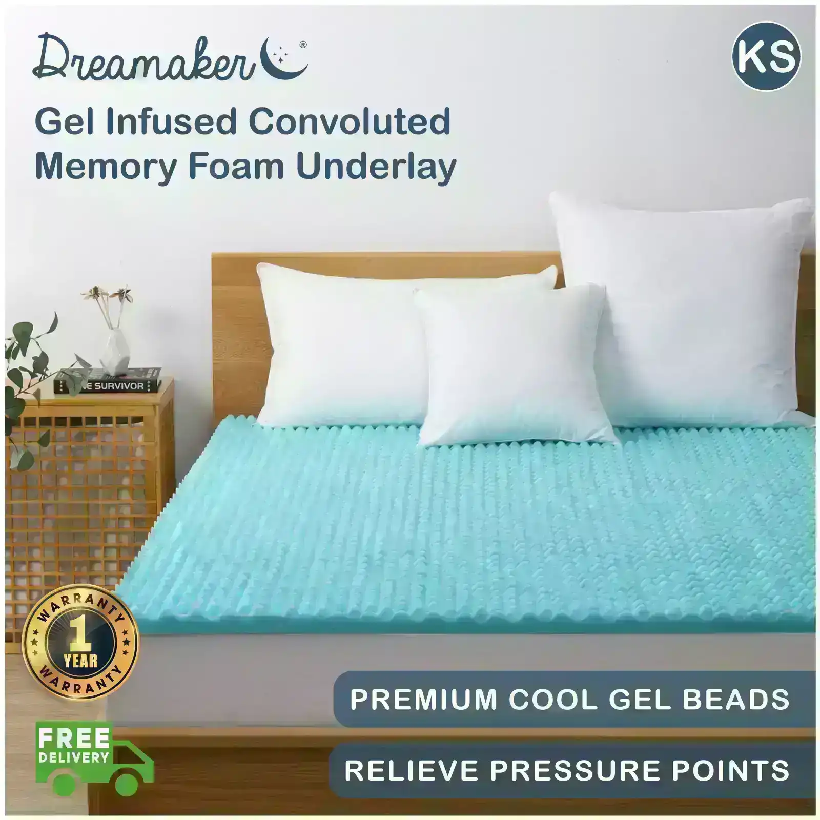 Dreamaker Gel Infused Convoluted Memory Foam Underlay - King Single Bed