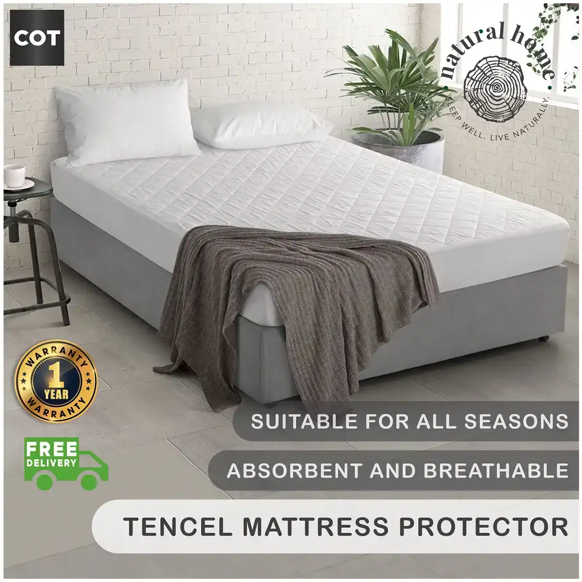 Natural Home Tencel Quilted Mattress Protector White COT