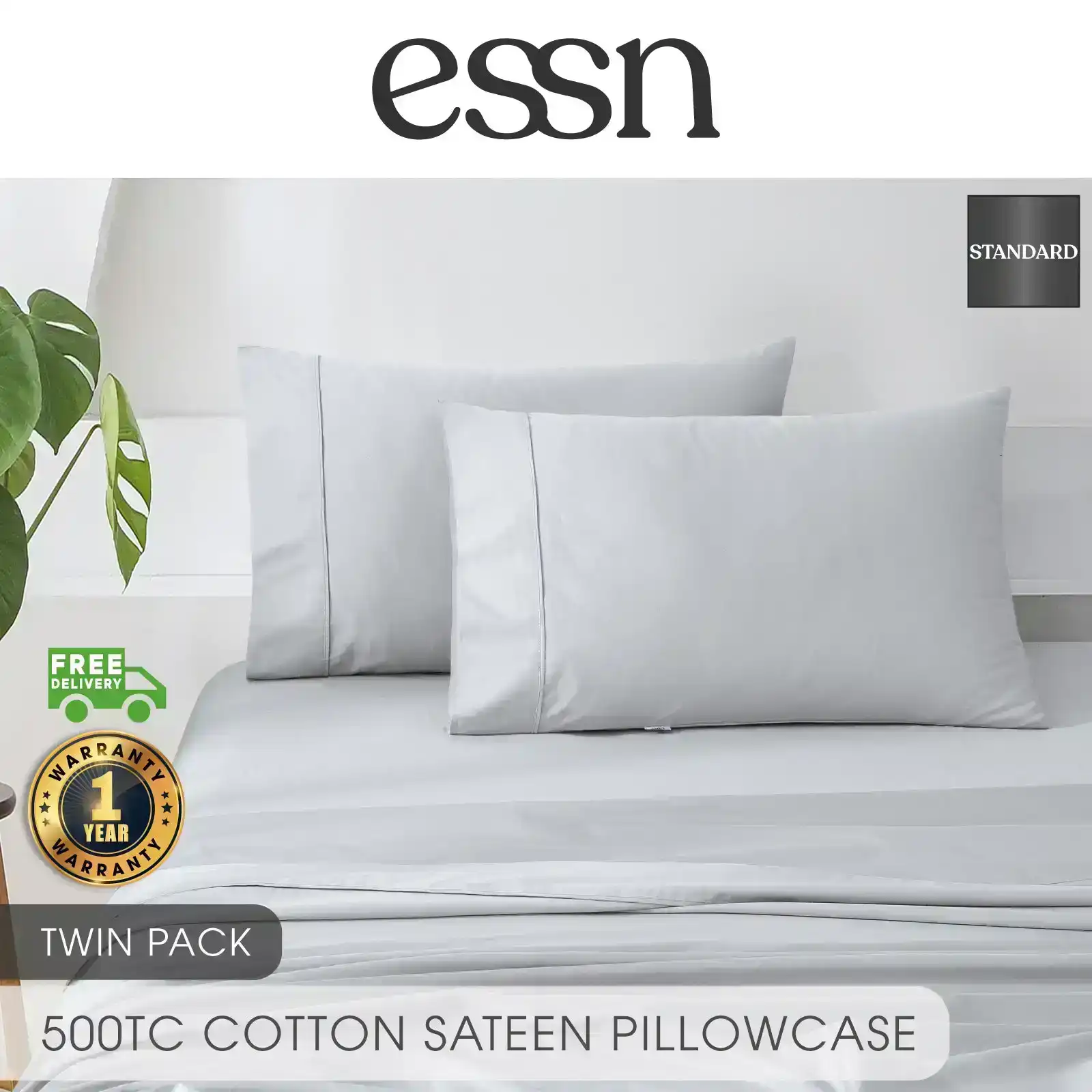 ESSN 500TC Cotton Sateen Standard Pillowcase Silver (Twin Pack)