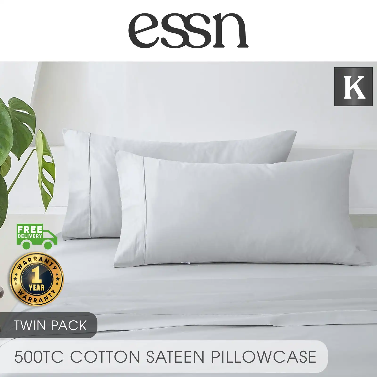 ESSN 500TC Cotton Sateen King Pillowcases Silver (Twin Pack)