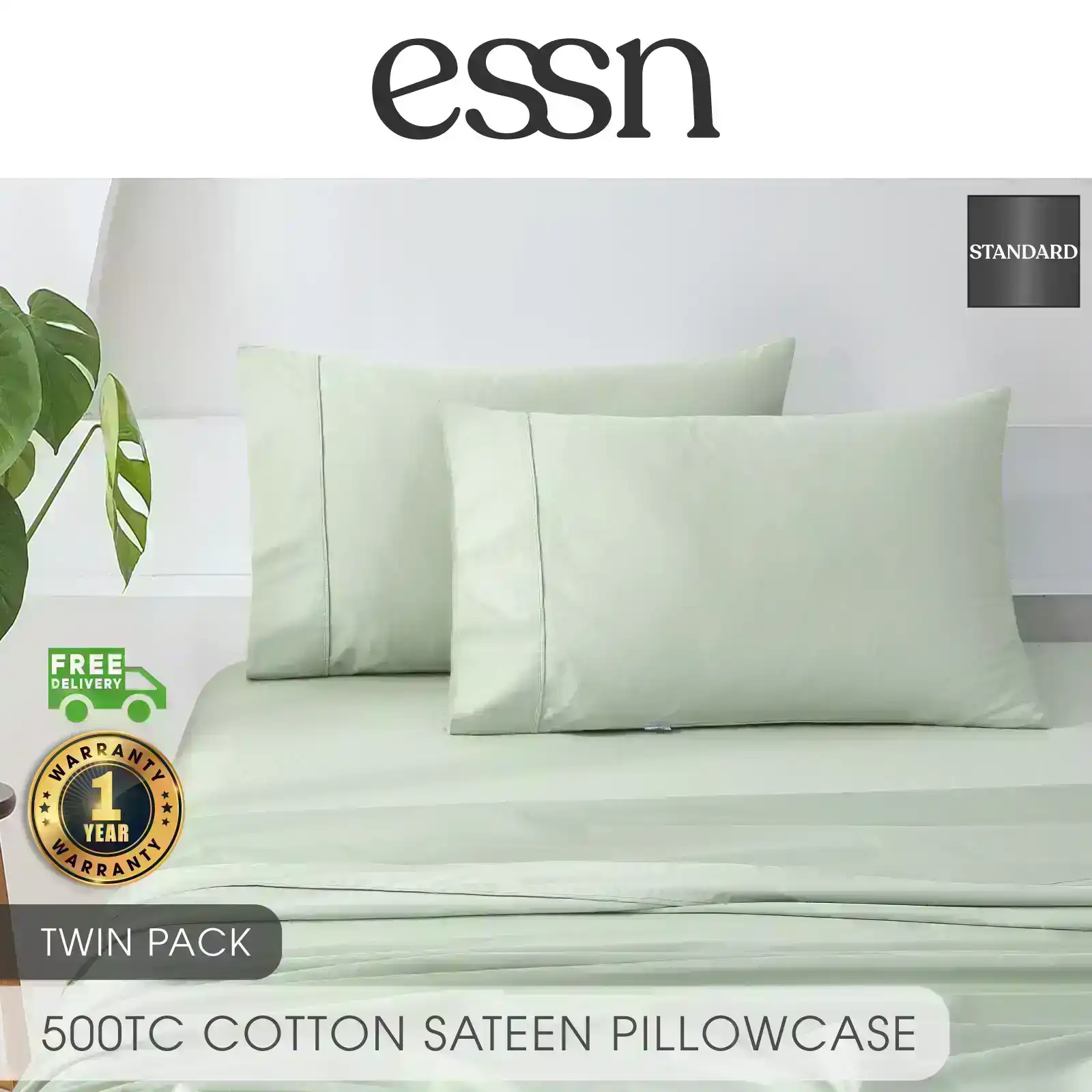 ESSN 500TC Cotton Sateen Standard Pillowcase Sage (Twin Pack)