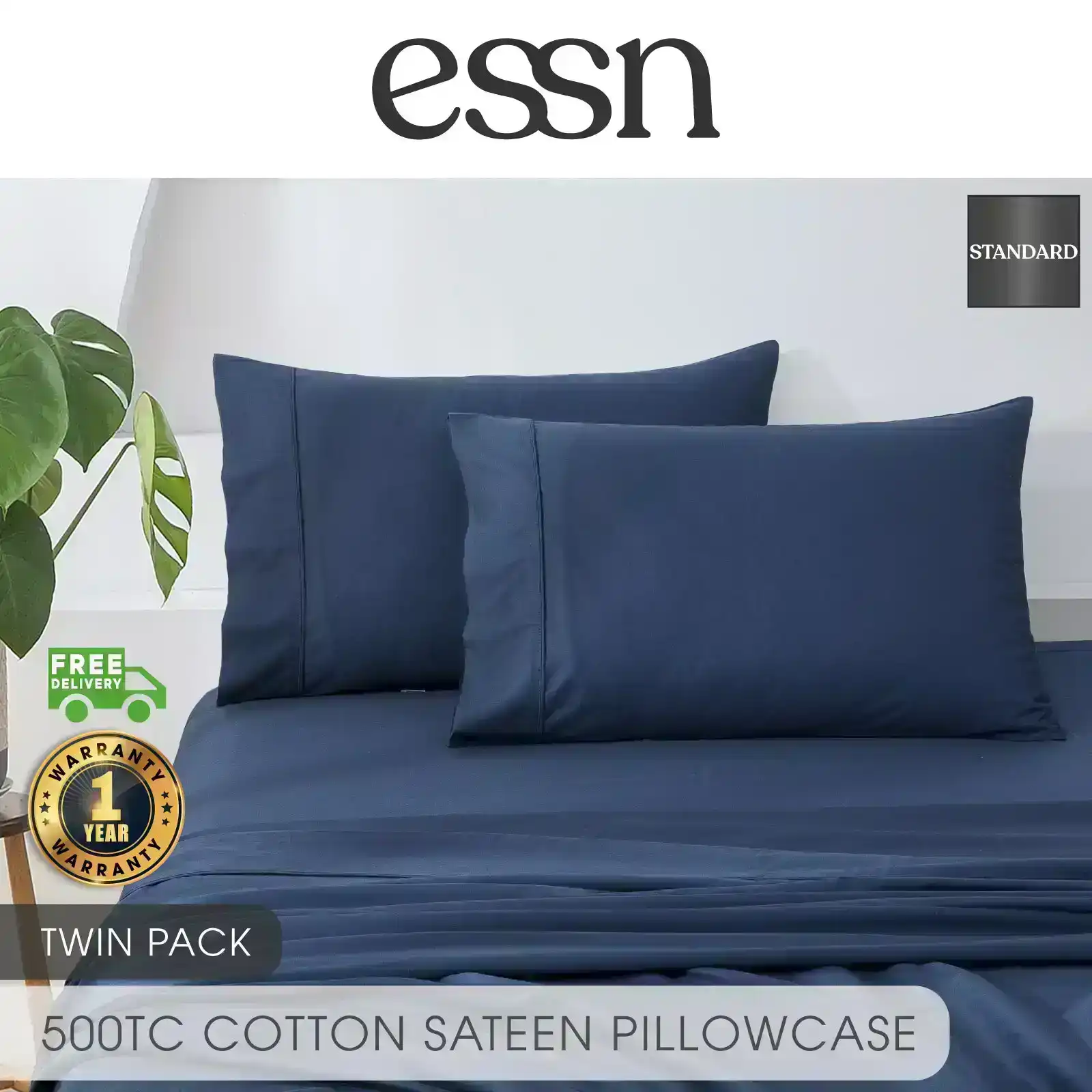 ESSN 500TC Cotton Sateen Standard Pillowcase Navy (Twin Pack)