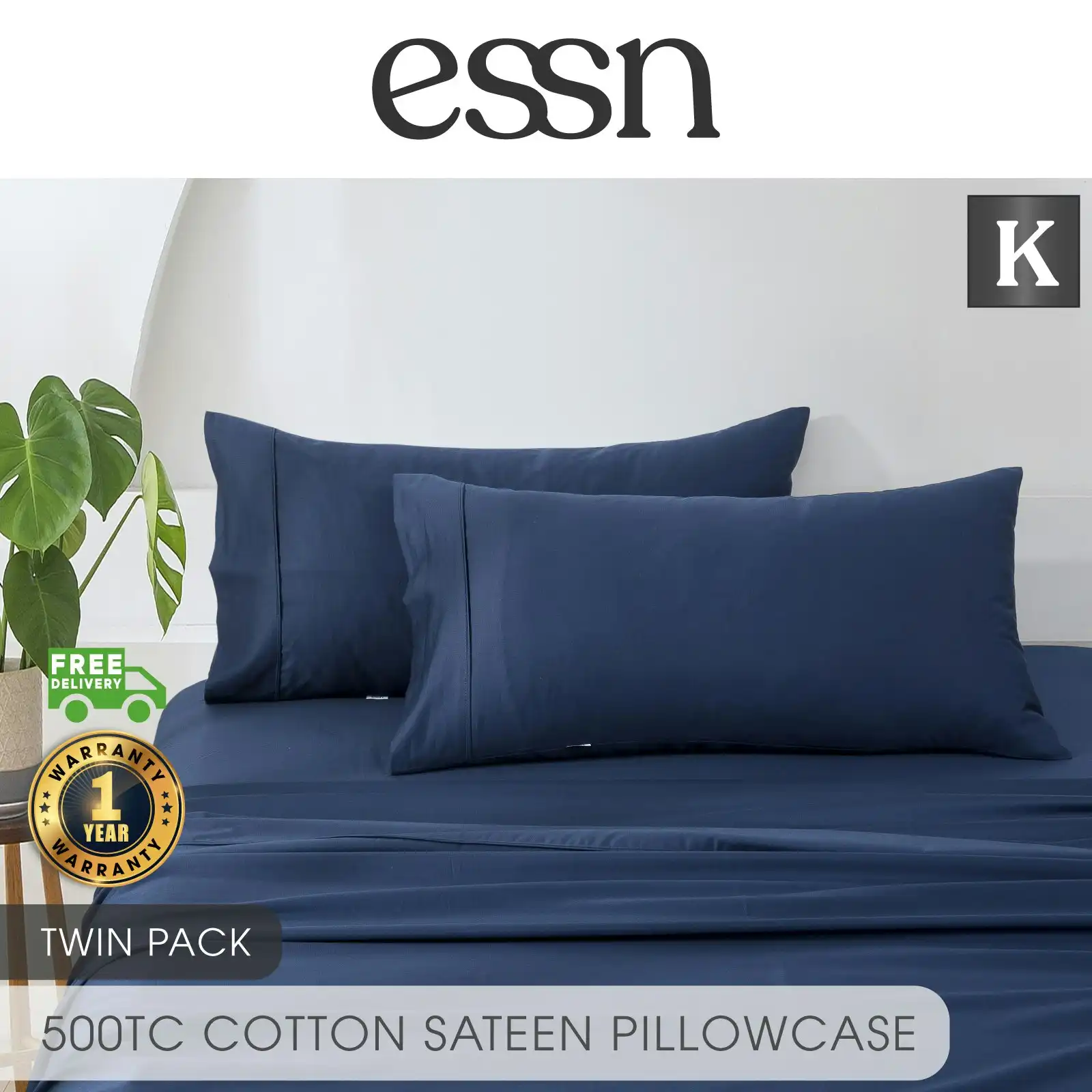 ESSN 500TC Cotton Sateen King Pillowcases Navy (Twin Pack)