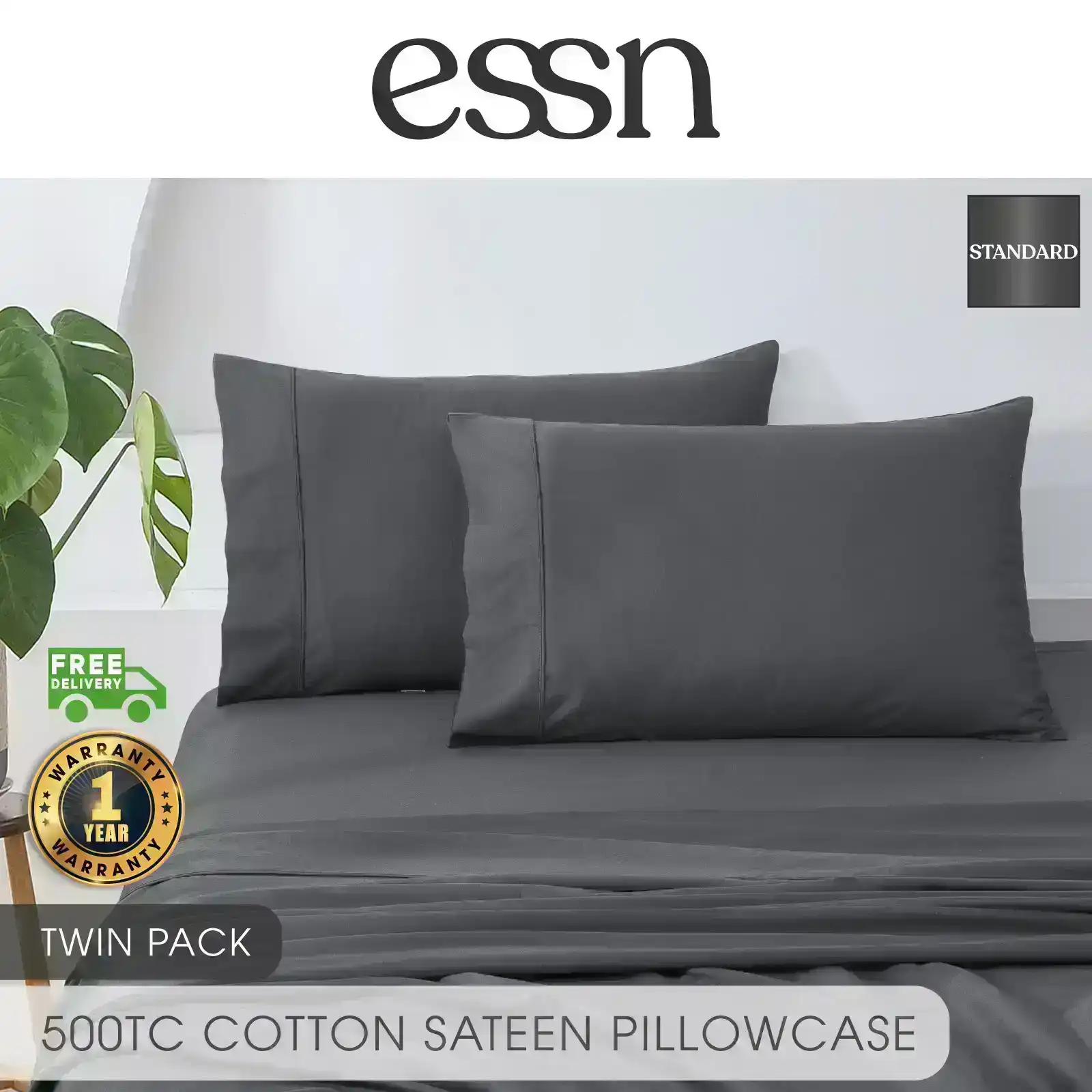 ESSN 500TC Cotton Sateen Standard Pillowcase Charcoal (Twin Pack)