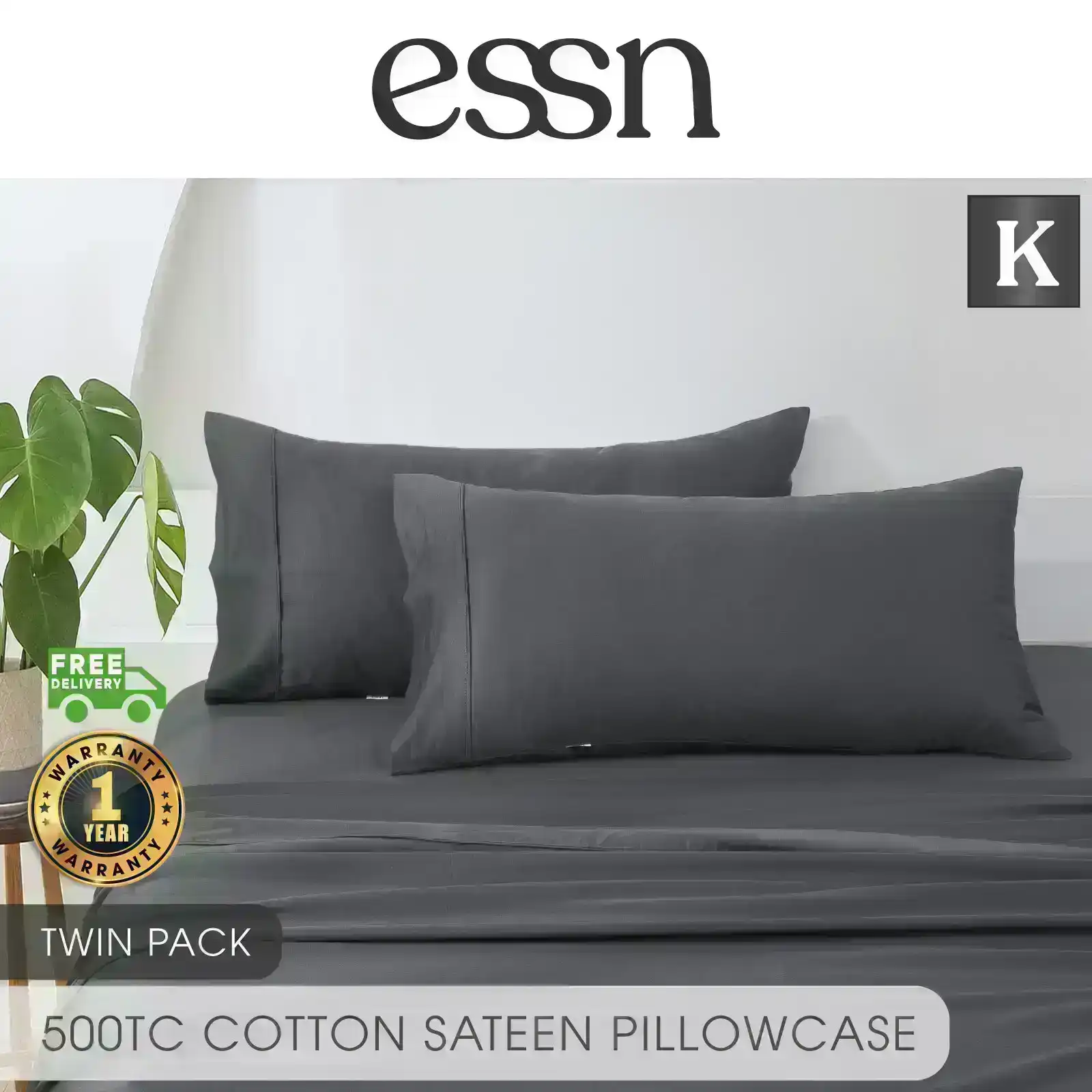 ESSN 500TC Cotton Sateen King Pillowcases Charcoal (Twin Pack)