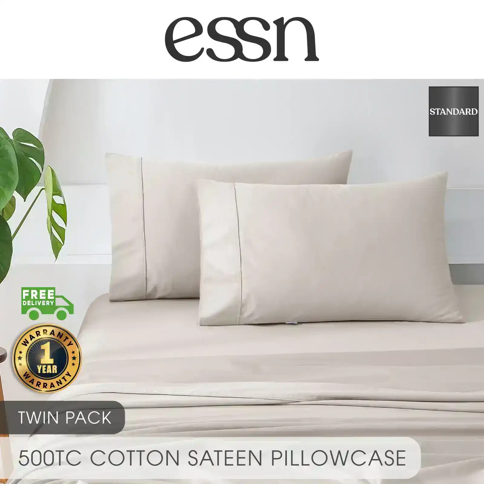 ESSN 500TC Cotton Sateen Standard Pillowcase Stone (Twin Pack)