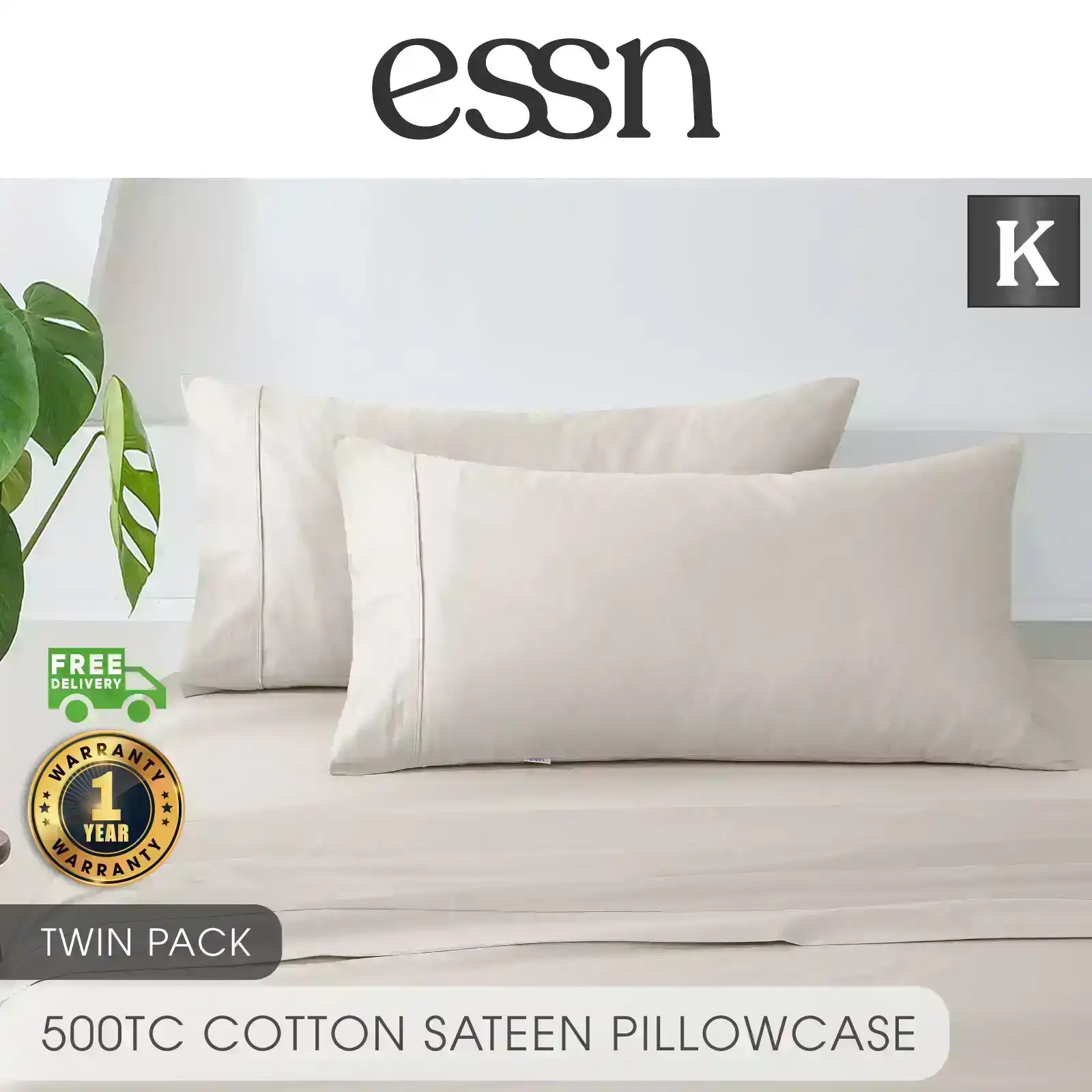 ESSN 500TC Cotton Sateen King Pillowcases Stone (Twin Pack)