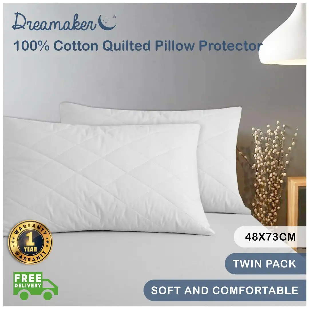 Dreamaker 100% Cotton Quilted Pillow Protector - 48x73cm (2 Pack)