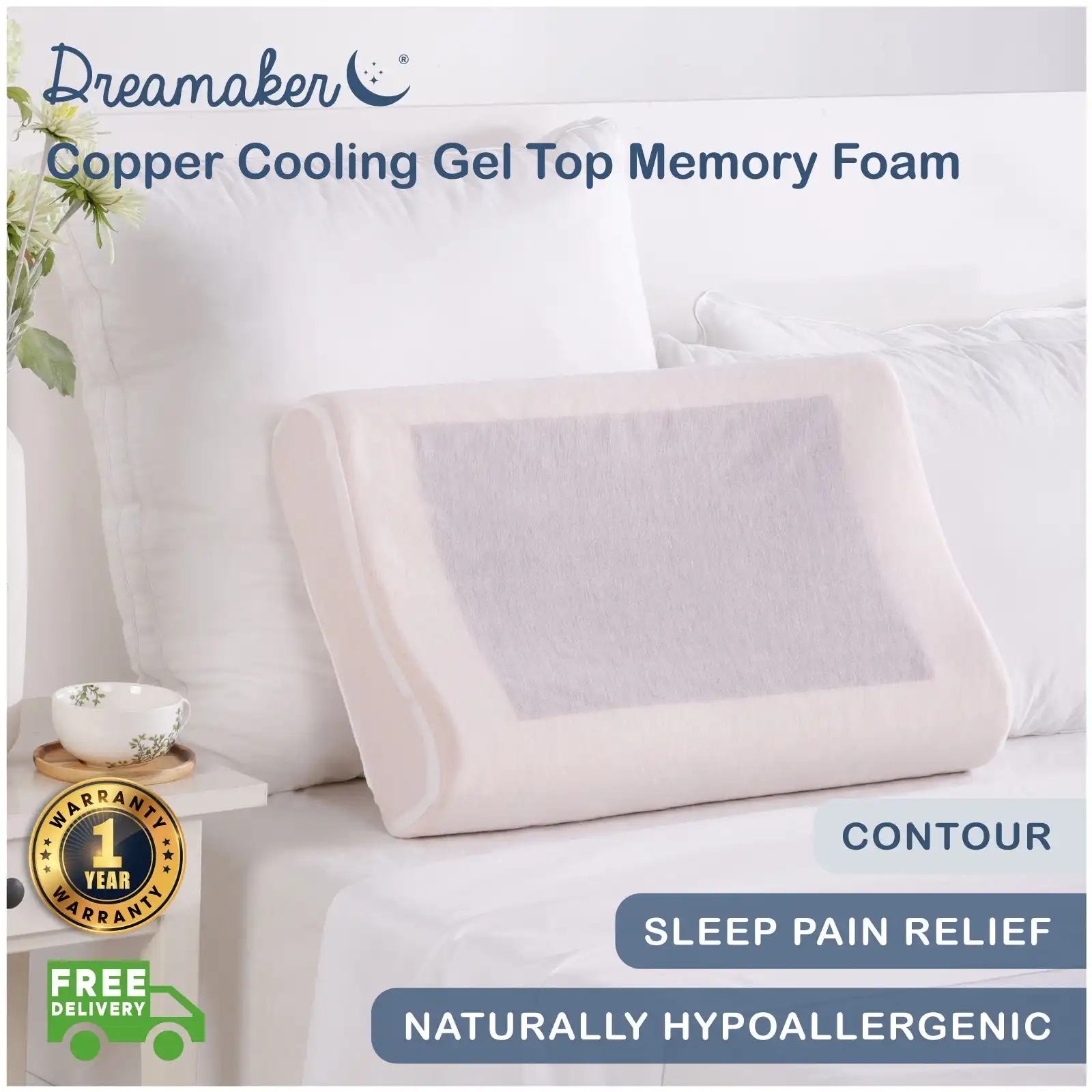 Dreamaker Copper Cooling Gel Top Memory Foam Pillow Contour