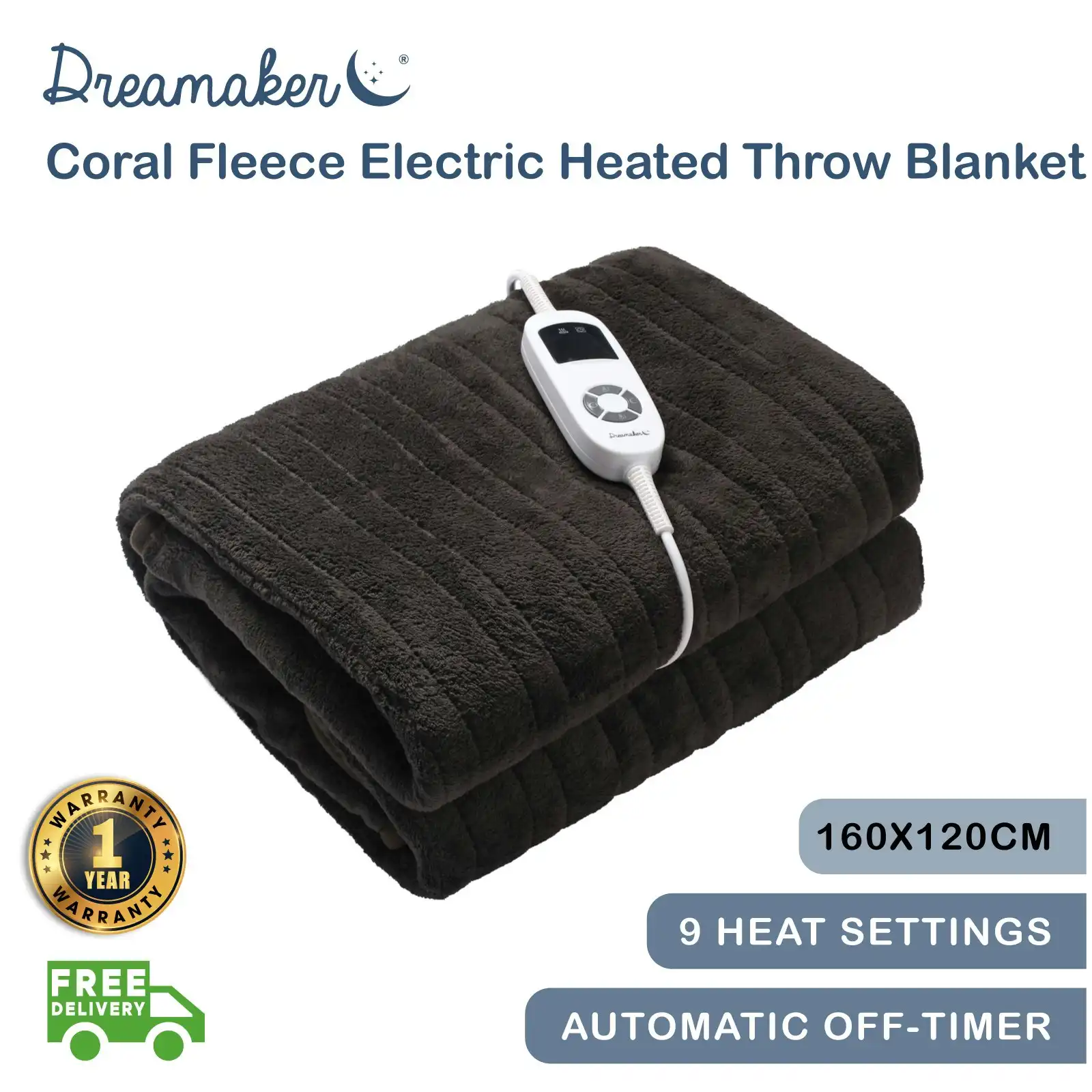 Dreamaker Coral Fleece Heated Throw Charcoal 160 x 120cm