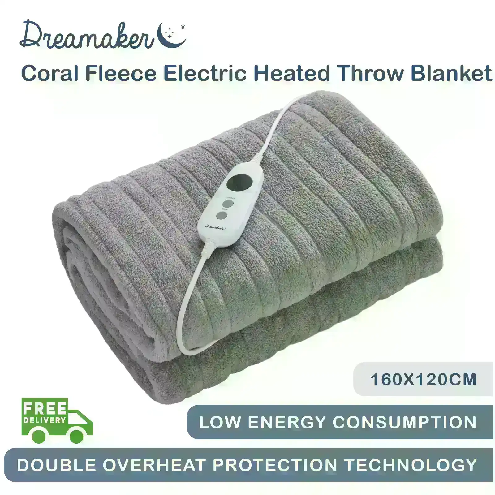 Dreamaker Coral Fleece Electric Heated Throw Blanket Silver - 160x120cm