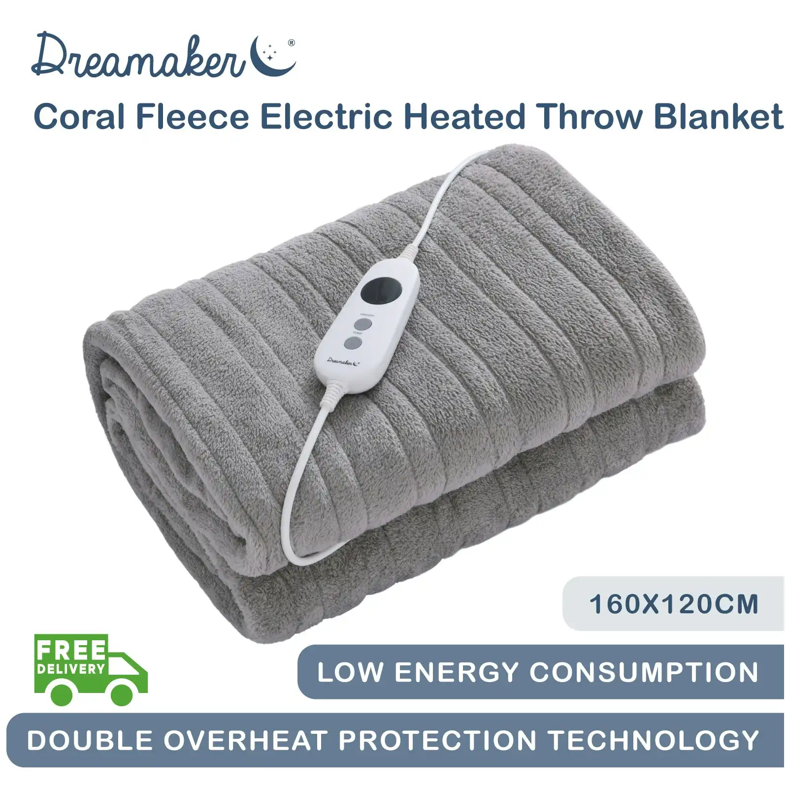 Dreamaker Coral Fleece Heated Throw Silver 160 x 120cm