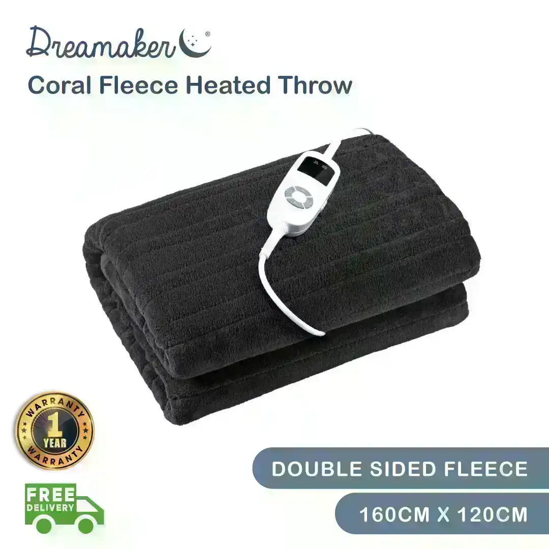 Dreamaker Coral Fleece Electric Heated Throw Blanket Black - 160x120cm