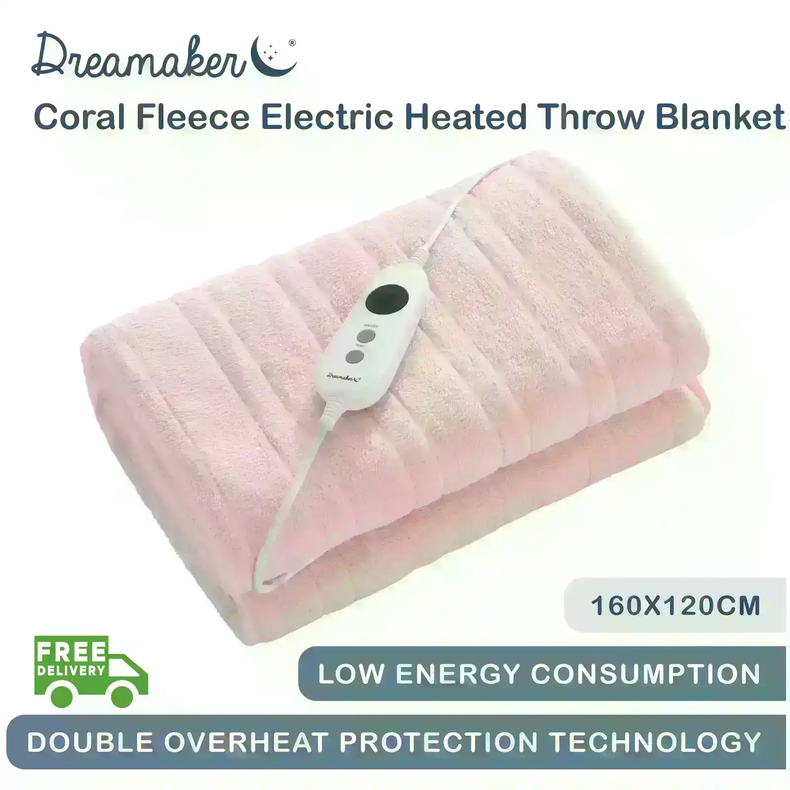 Dreamaker Coral Fleece Electric Heated Throw Blanket Blush - 160x120cm