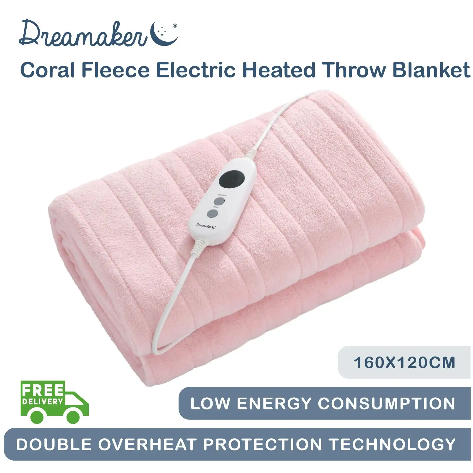 Dreamaker Coral Fleece Heated Throw Blush Pink 160 x 120cm