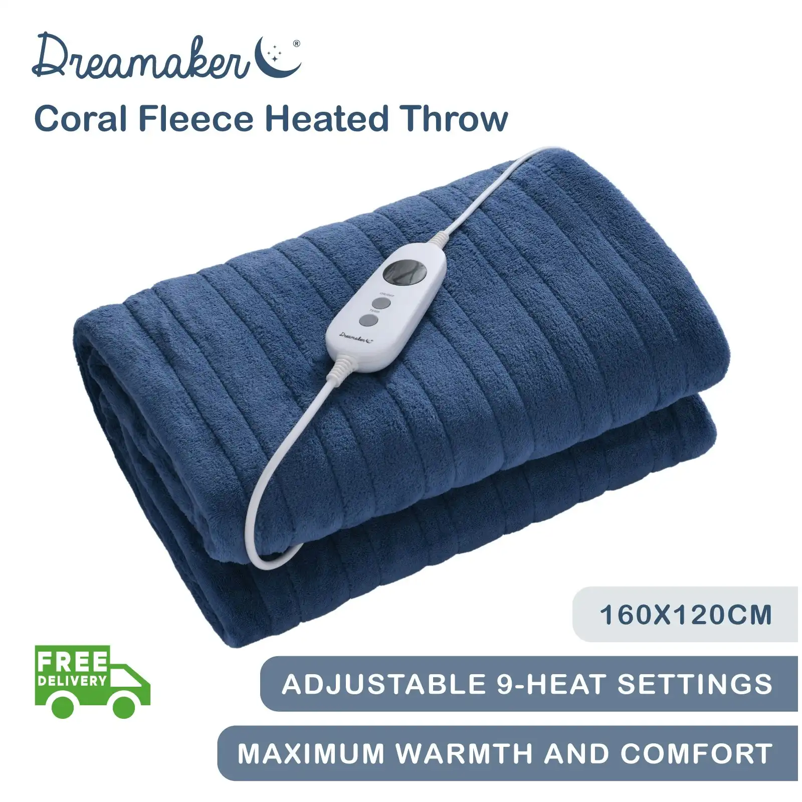 Dreamaker Coral Fleece Heated Throw Classic Blue 160 x 120cm