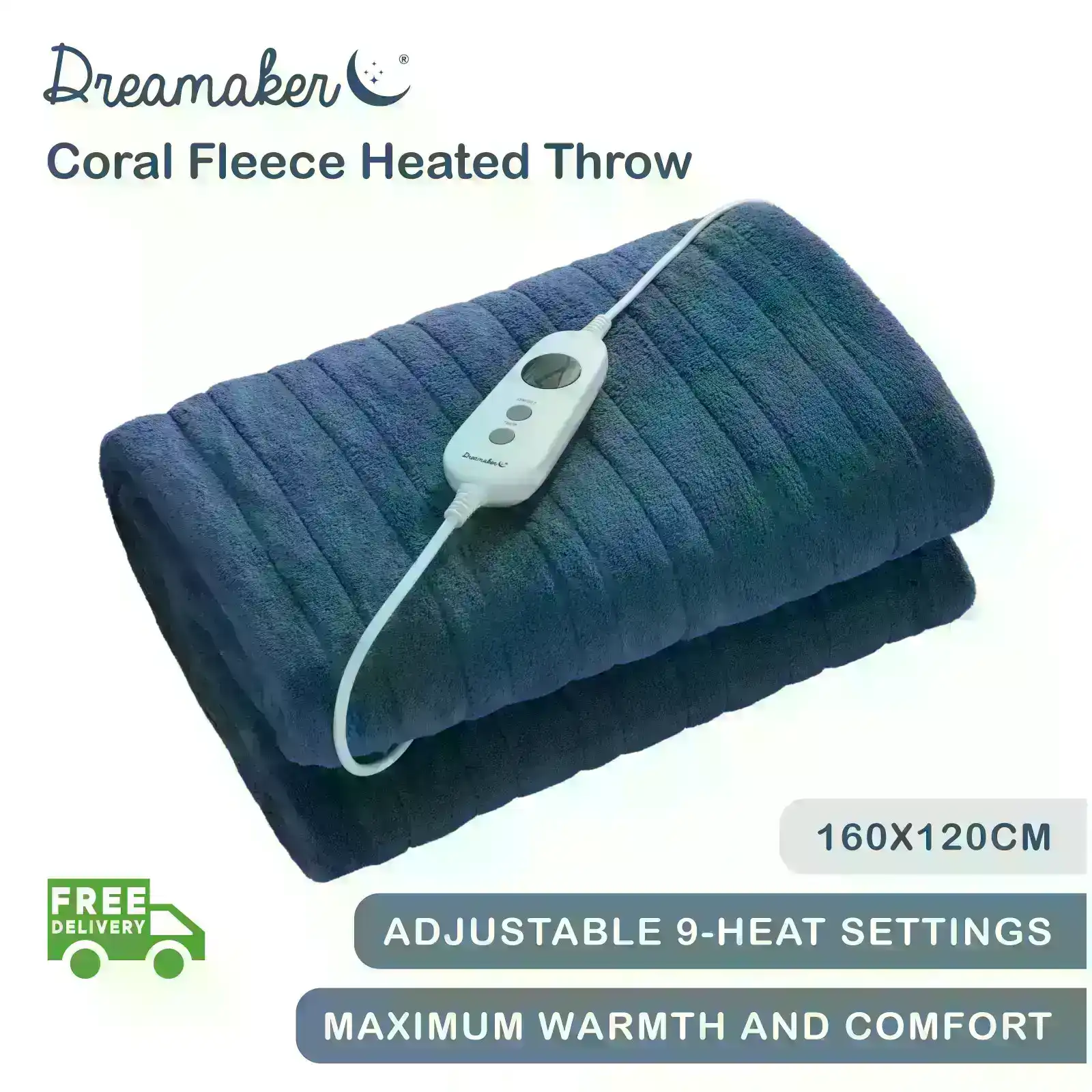 Dreamaker Coral Fleece Heated Throw Classic Blue 160x120cm