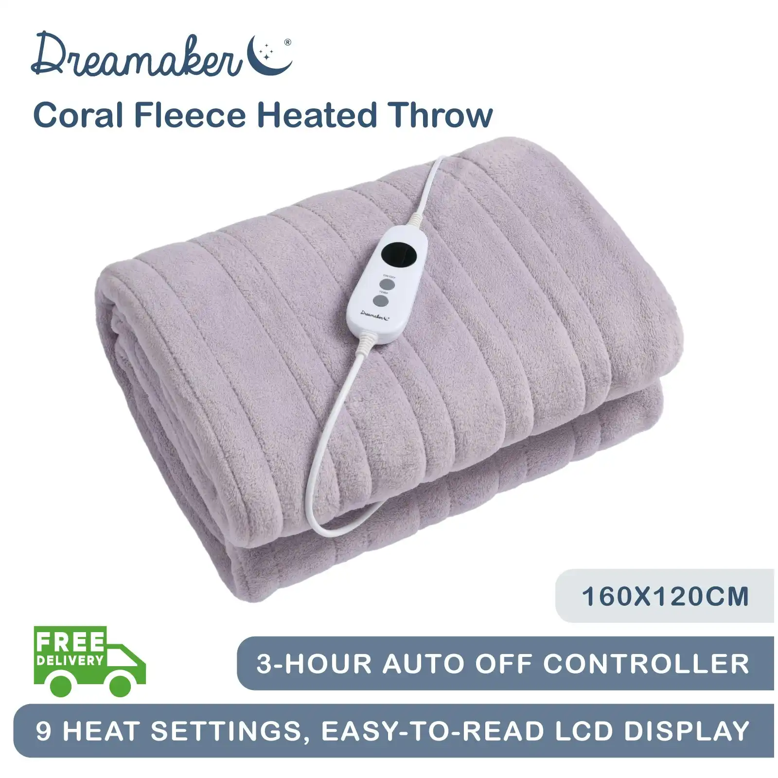 Dreamaker Coral Fleece Electric Heated Throw Blanket Lavender 160 x 120cm