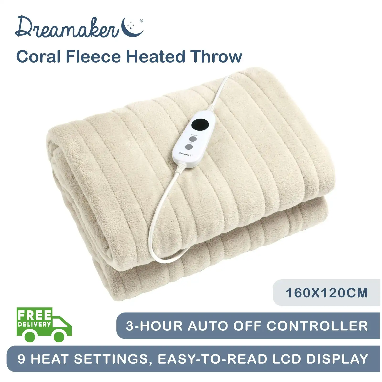 Dreamaker Coral Fleece Electric Heated Throw Blanket Cream 160 x 120cm