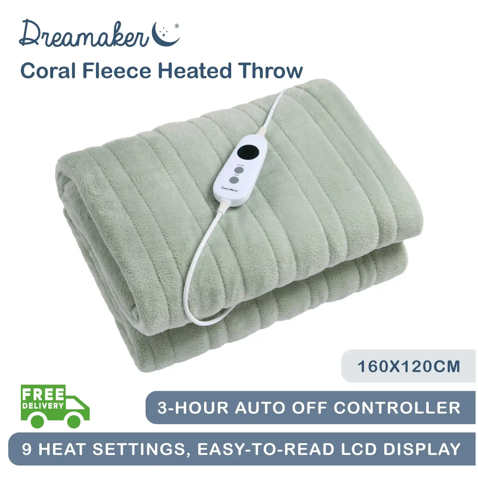 Dreamaker Coral Fleece Electric Heated Throw Blanket Sage 160 x 120cm