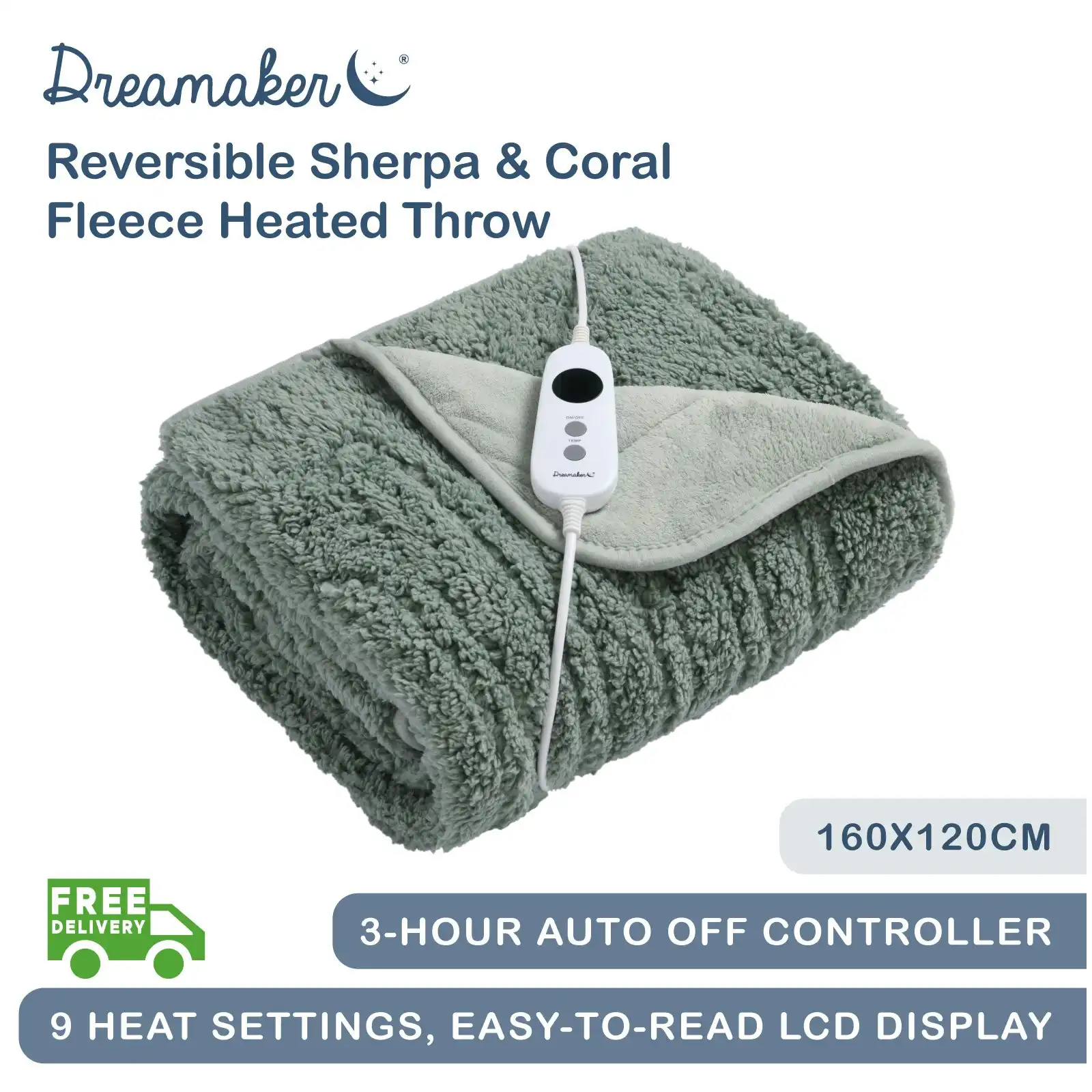 Dreamaker Reversible Sherpa & Coral Fleece Heated Throw Olive and Sage 160 x 120cm