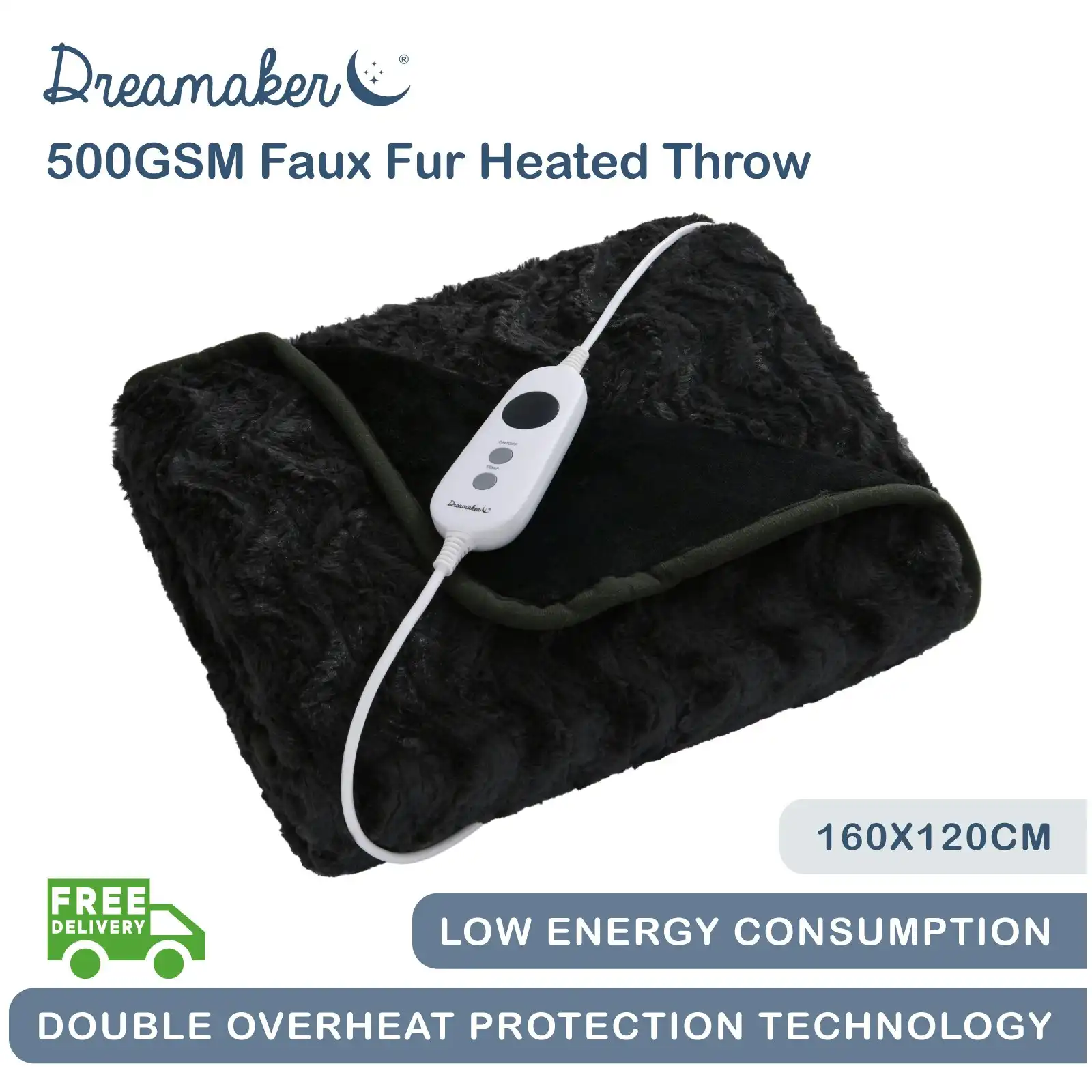 Dreamaker 500Gsm Faux Fur Heated Throw Charcoal - 160x120cm
